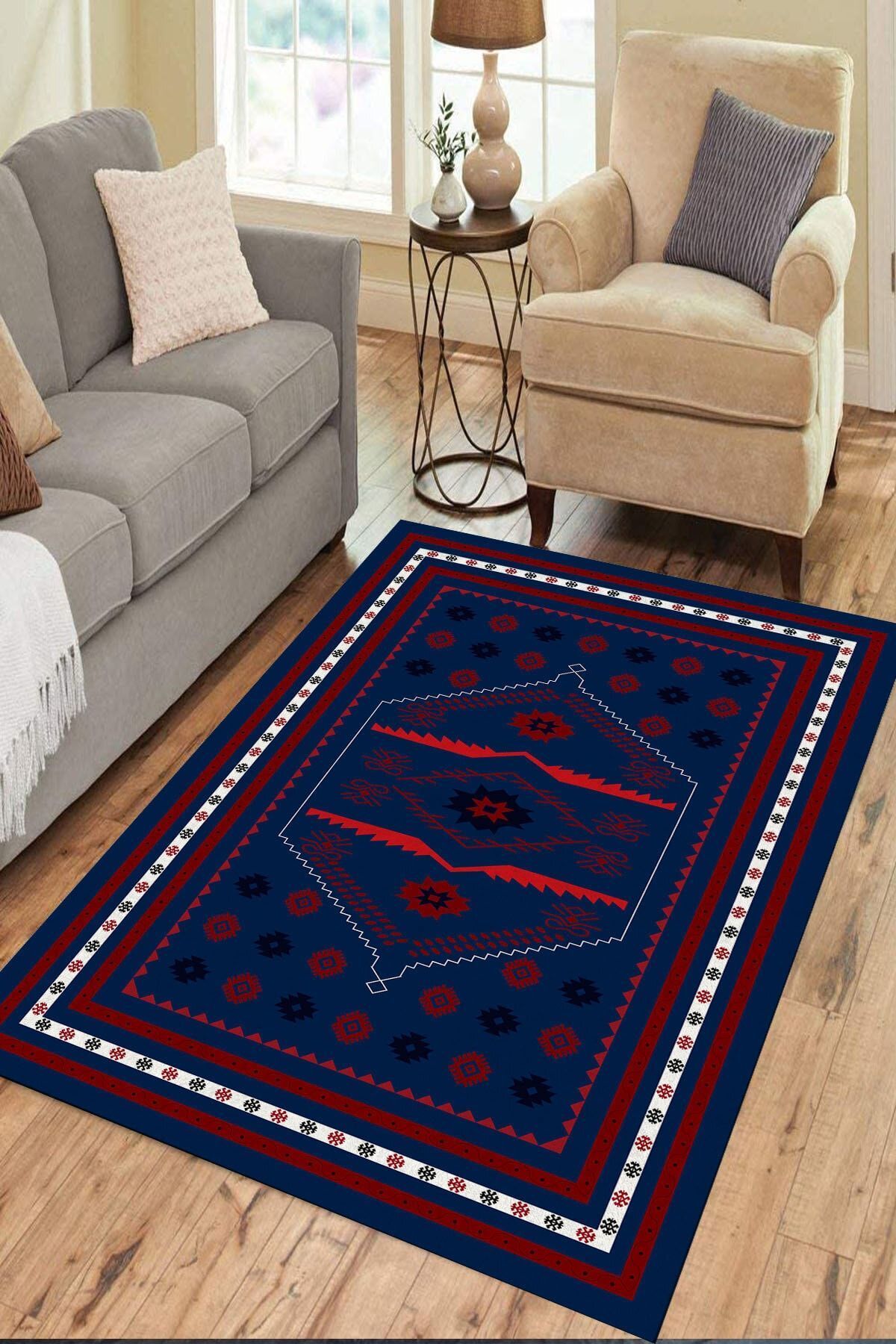 ESTA HALI Lacivert Kilim Desenli Halı (makinada Yıkanabilir Dot/keçe Taban 80x140) - Cp647