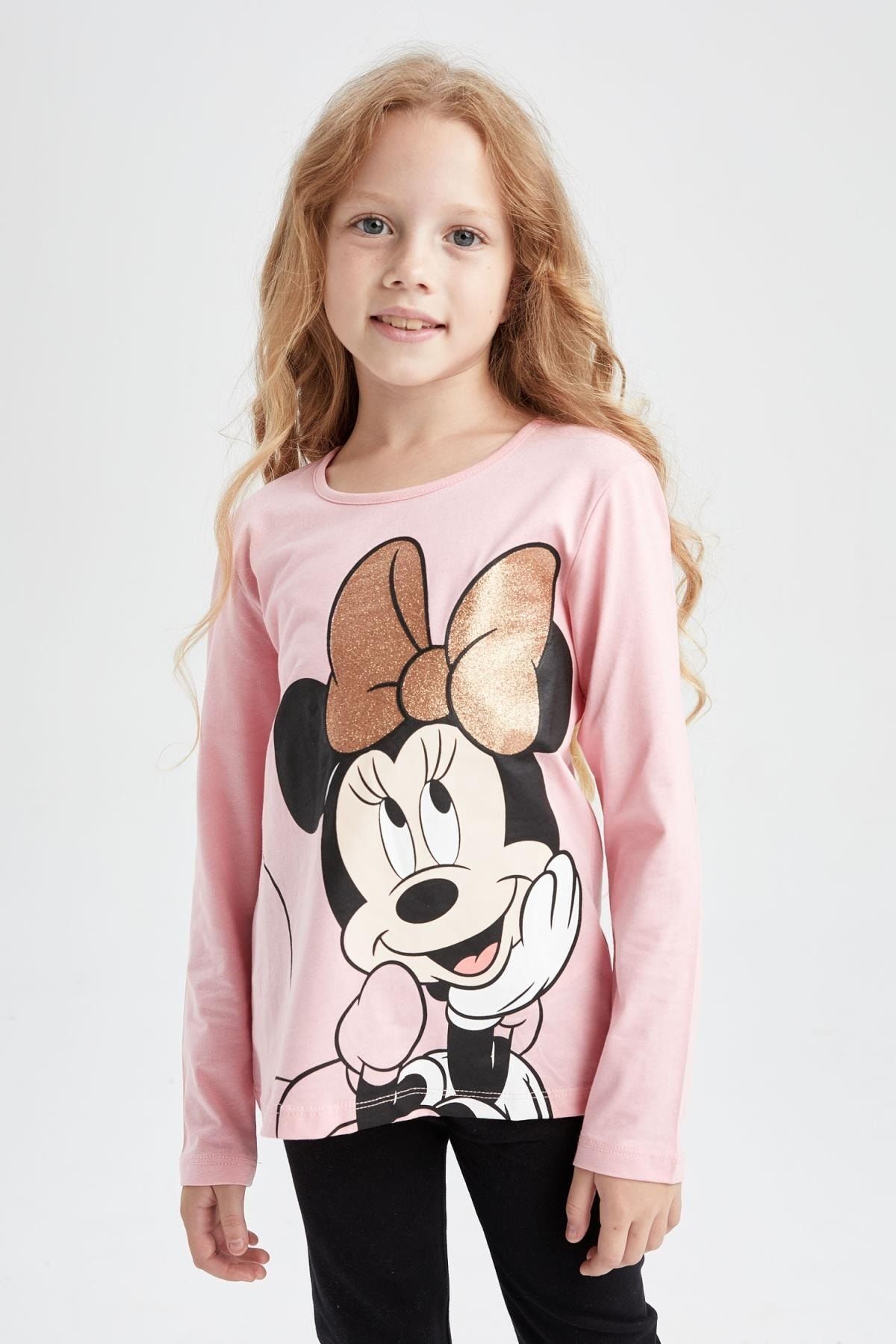 Defacto Kız Çocuk Disney Mickey & Minnie Bisiklet Yaka Uzun Kollu Tişört Y3726a622au