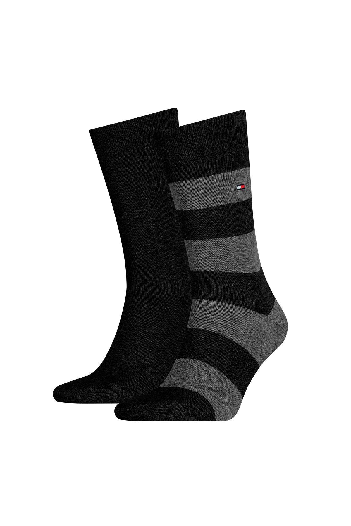 Tommy Hilfiger Erkek Marka Logolu Streç Pamuklu Çizgili Tek Dikiş Tasarımlı Kaburga Örgülü Manşetli Siyah Çorap 09a