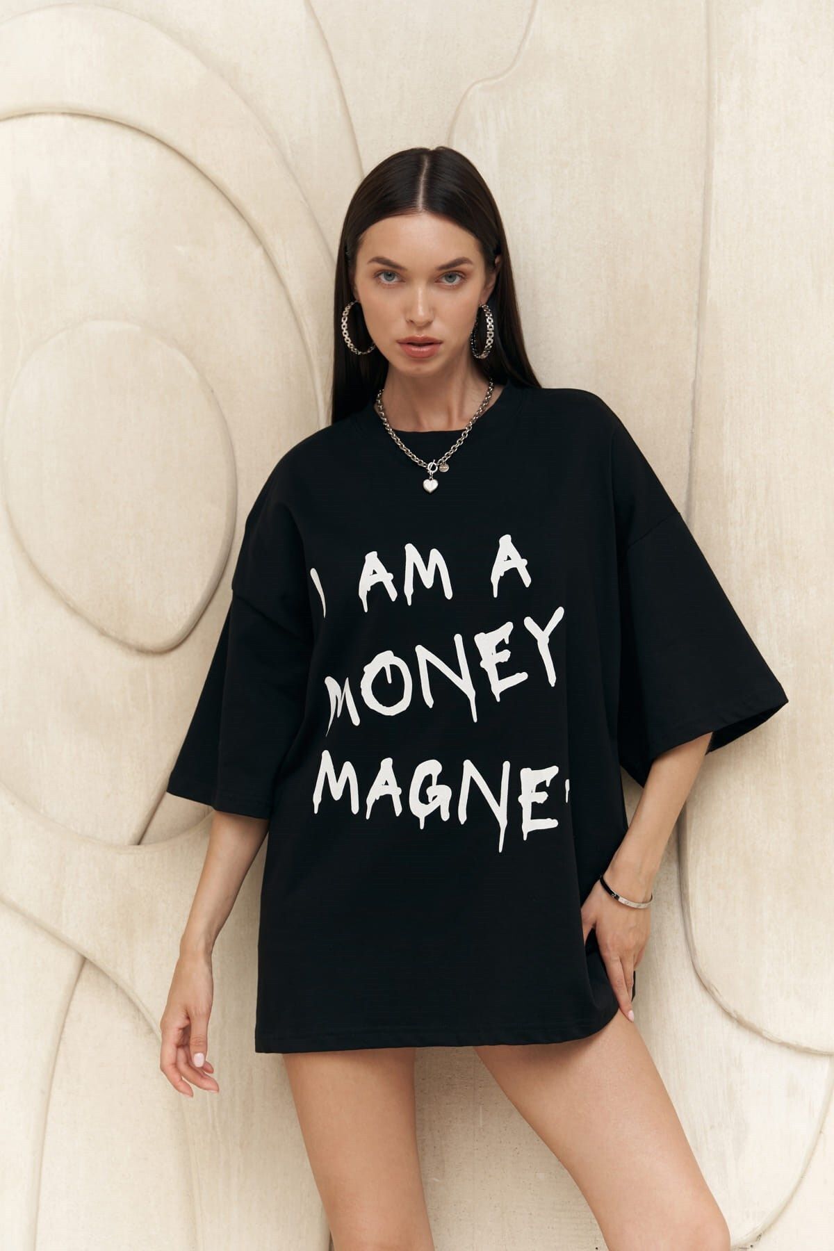 MAİ COLLECTİON Money Magnet Siyah Oversize T-Shirt