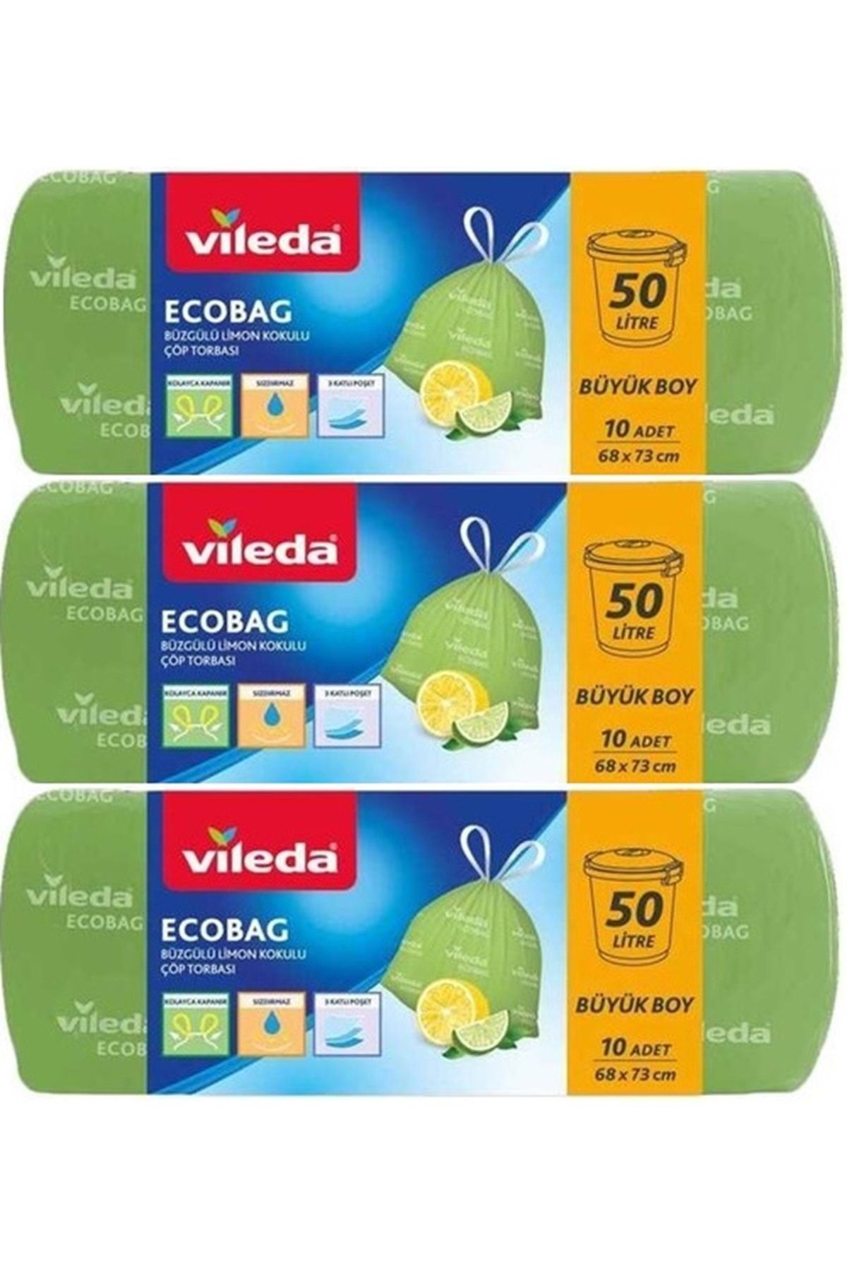 Vileda Ecobag Büzgülü Çöp Torbası Limon Kokulu 68x73cm Büyük Boy 30 Lu Set (3PK*10)