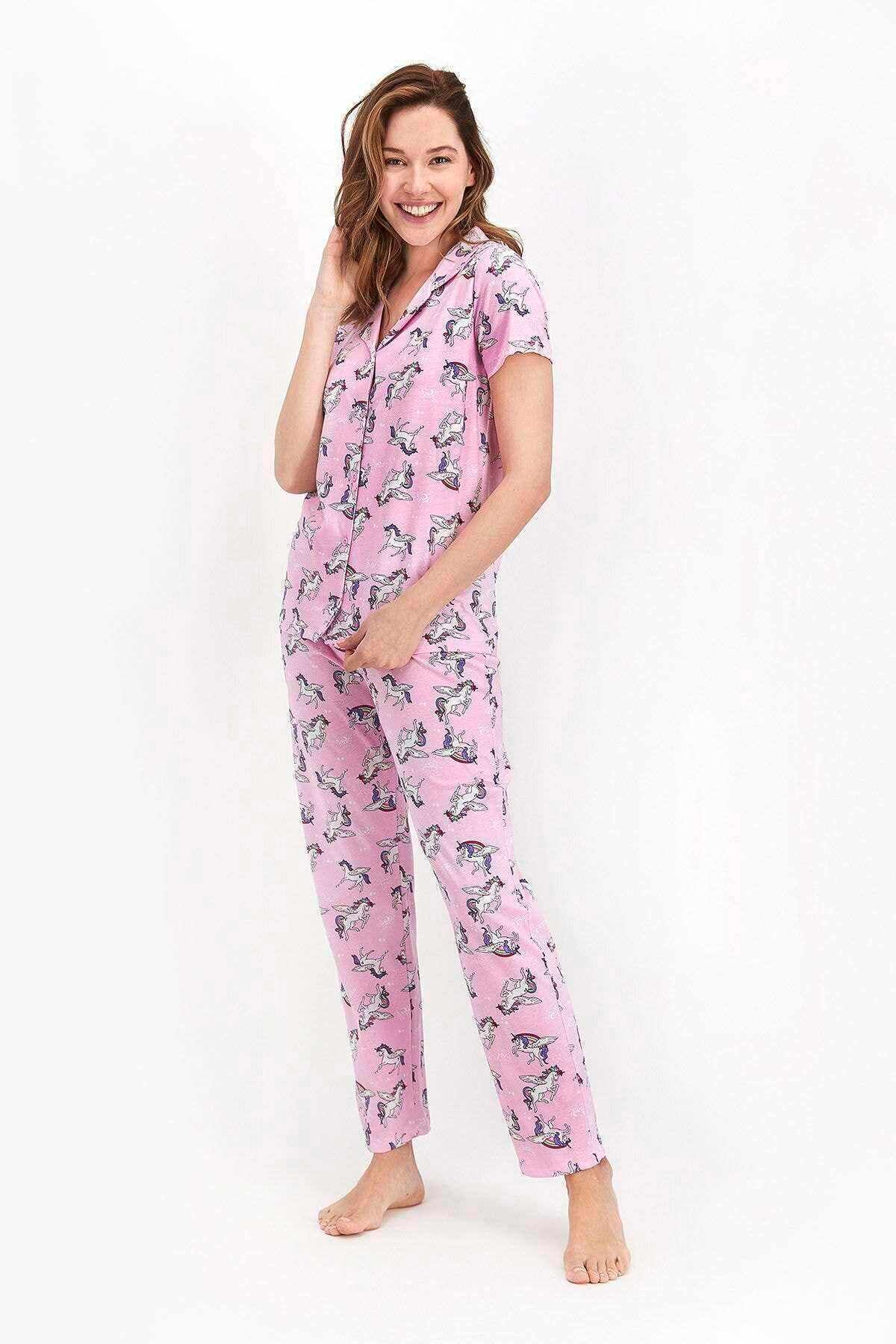 Arnetta Kadın Toz Pembe Unicorn Gömlek Pijama Takımı - Rp2416-s