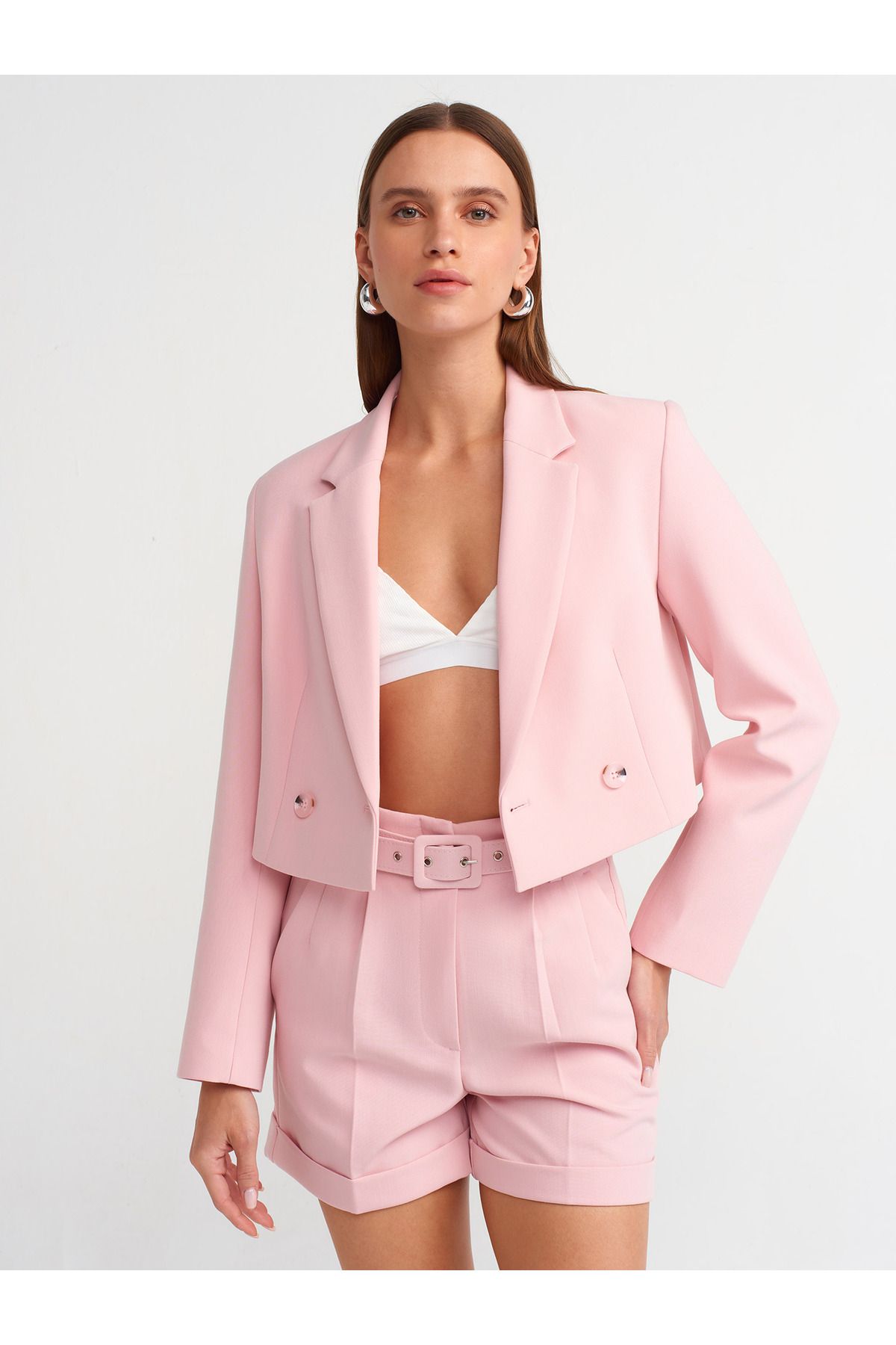 Dilvin 60738 Crop Model Blazer Ceket-pembe