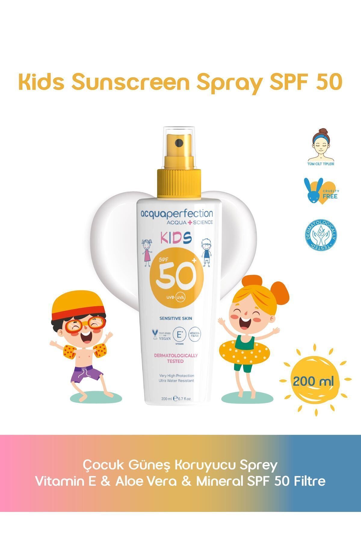 Acqua Perfection Çocuk Güneş Koruyucu Sprey Spf50 200ml Uva Uvb Koruması, Suya Dayanıklı, Leke Önleyici