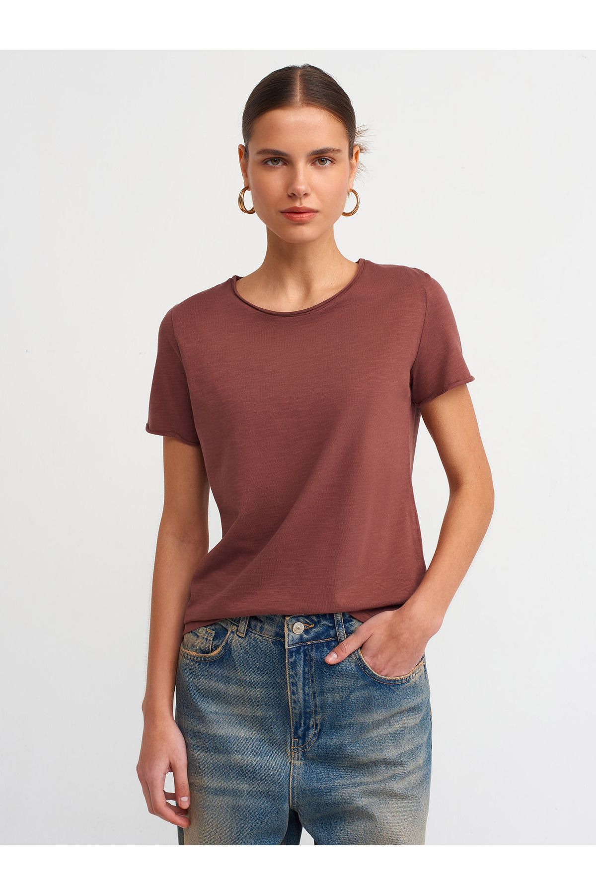 Dilvin 30817 Bisiklet Yaka T-shirt-Kahve