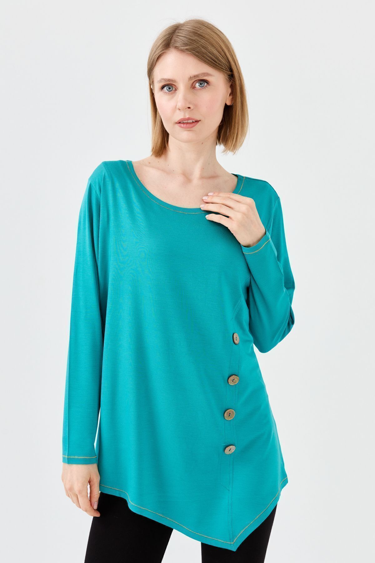 Desen Triko Kadın Sıfır Yaka Önü Ahşap Düğmeli Penye Bluz Yeşil