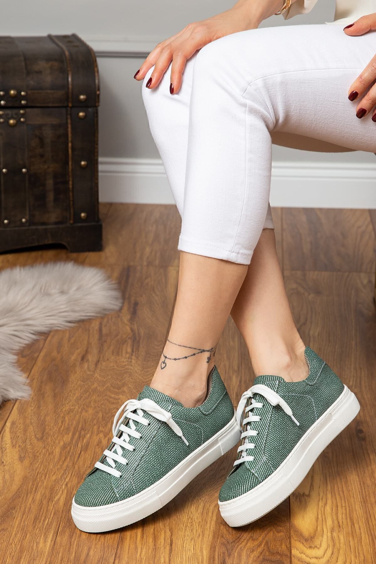 Deery Hakiki Deri Yeşil Işlentili Sneaker Kadın Ayakkabı