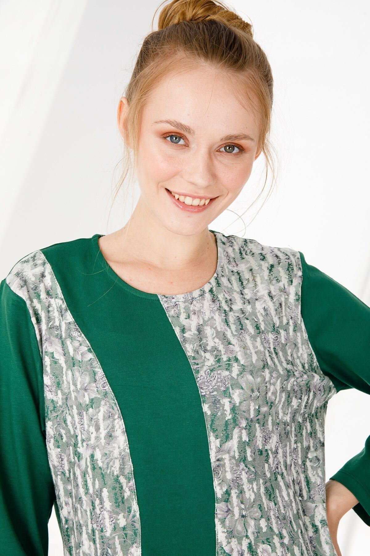 Desen Triko Kadın Sıfır Yaka Uzun Kol Çiçek Baskılı Penye Bluz K.yeşil