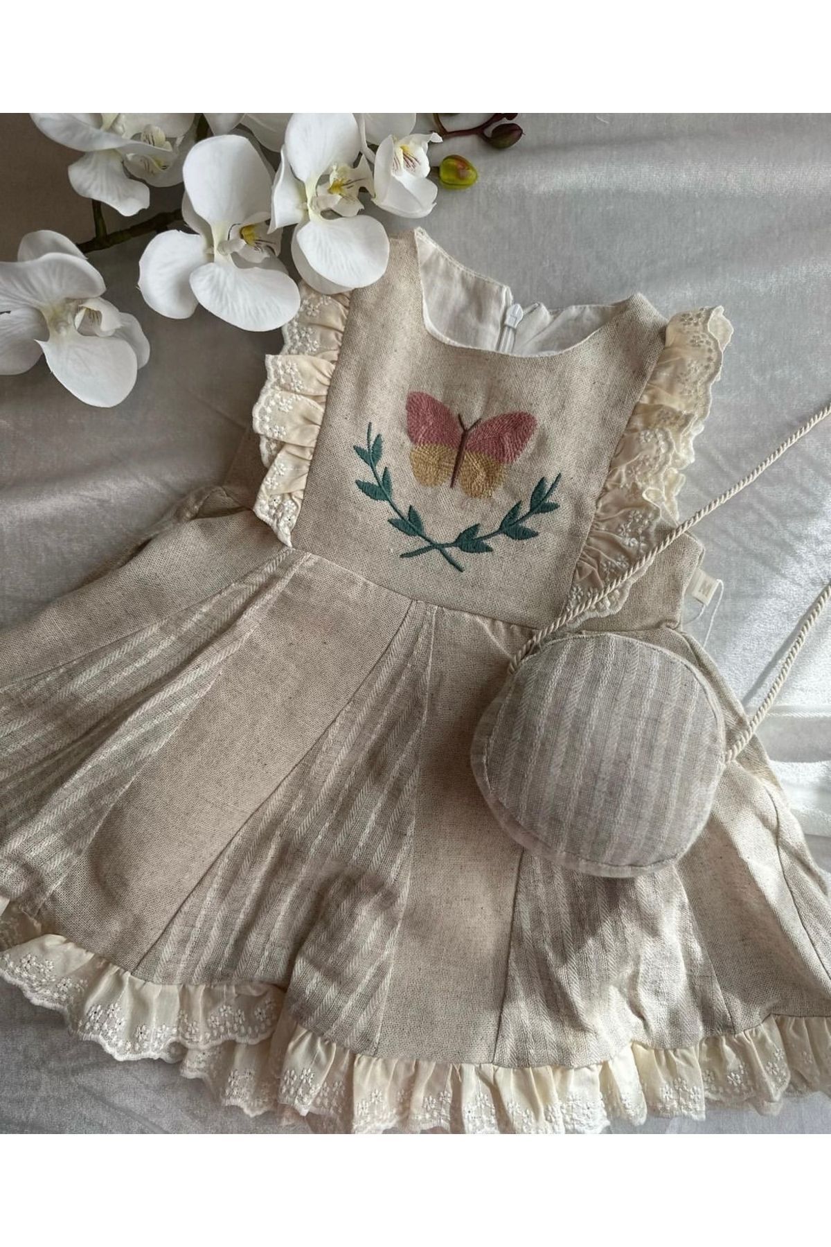 Mymio Keten kumaş organik bayramlık çantalı kelebek desenli kız çocuk elbise