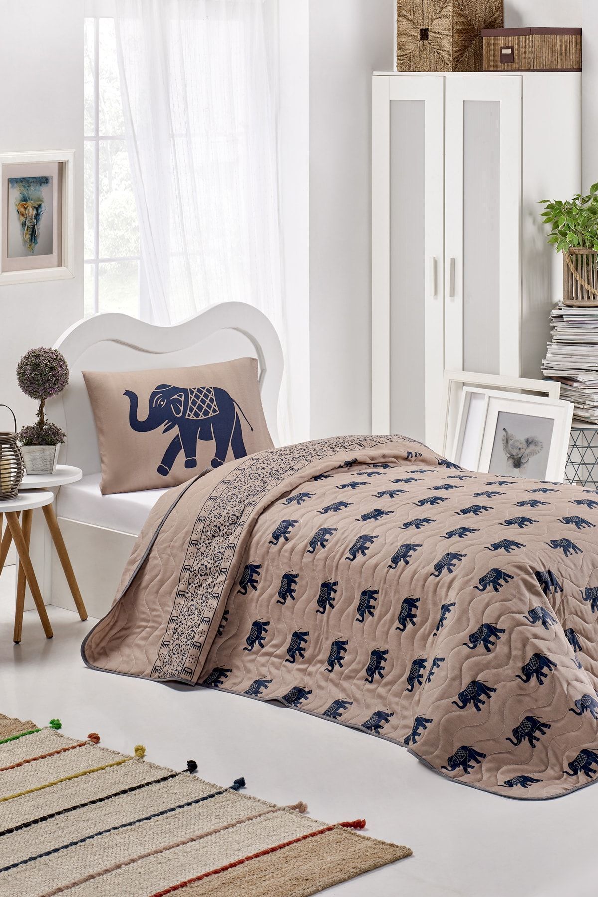 Enlora Home Tek Kişilik Kapitone Yatak Örtüsü Seti Fil Mavi