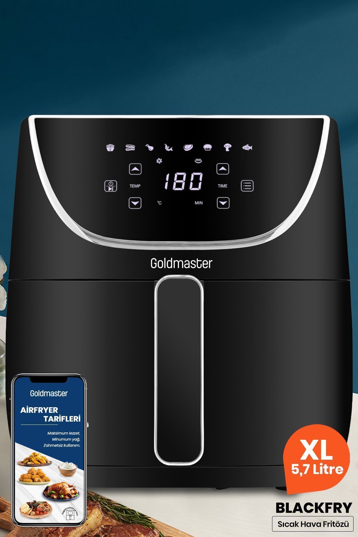 GoldMaster Blackfry 1700 Watt Dijital Dokunmatik 8 Ön Programlı 5.7 Litre Yağsız Kızartma Sıcak Hava Fritöz