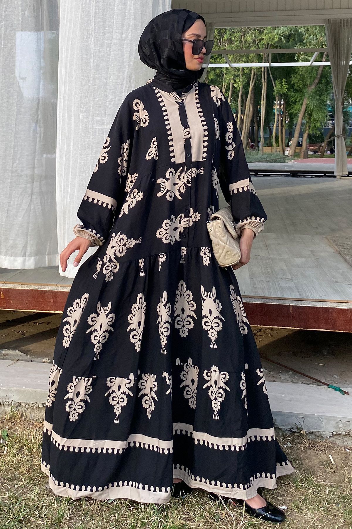 Genel Markalar Kadın Etnik Desen Premium Kumaş Desenli Viskon Elbise