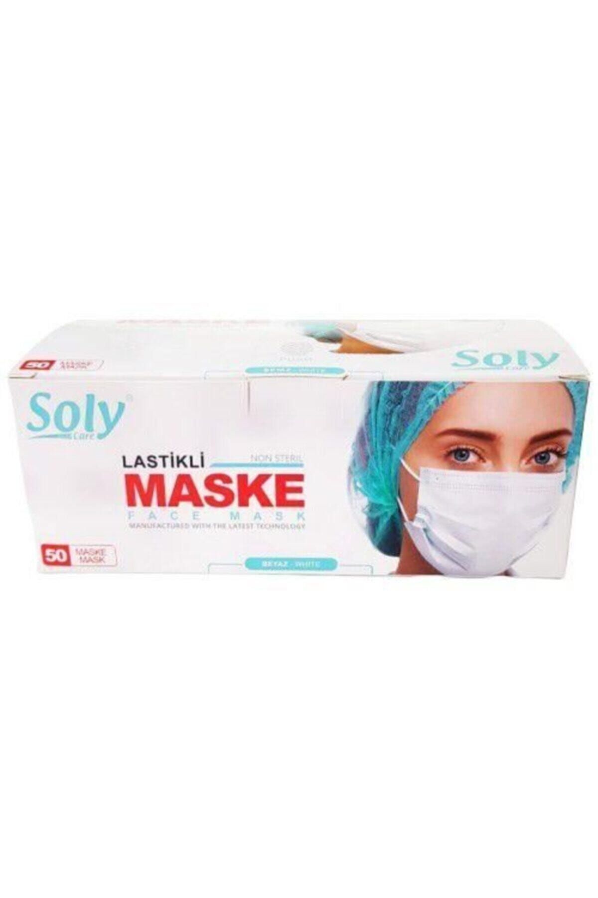 Soly "beyaz" Care Cerrahi Maske 800 Adet (50'li 16 Kutu) Üç Katlı Lastikli Burun Telli