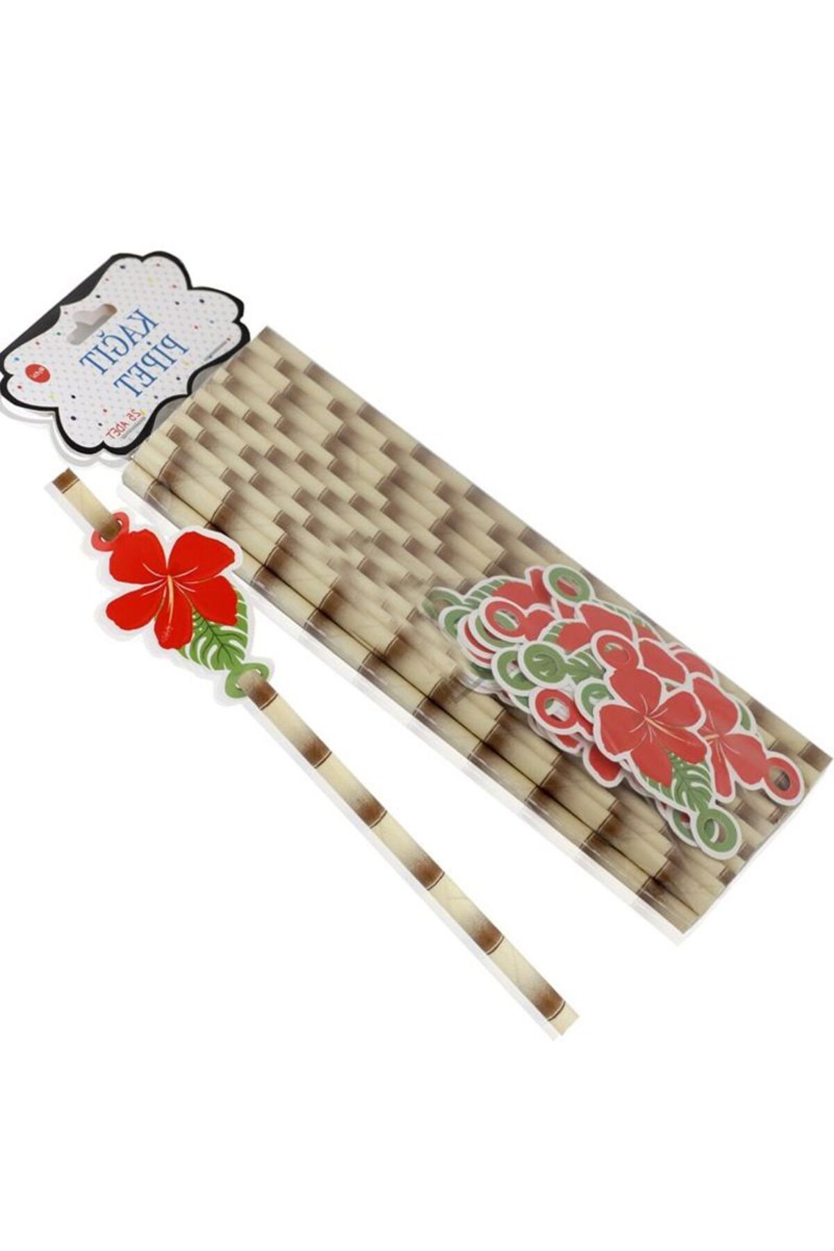 partidolu Hawaian Hibiscus Hibiskus Çiçekli Bambu Model Pipet Kağıt 25 Adet Kırmızı Renk
