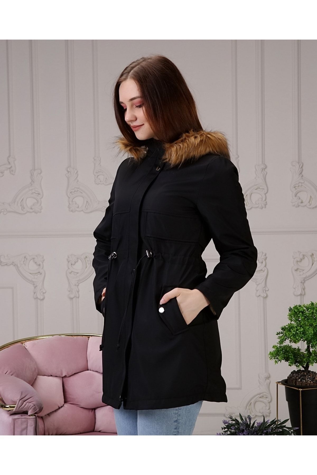 Vibeys Collection Siyah İçi Kürklü Ve Su Geçirmez Kadın Kışlık Mont & Kaban