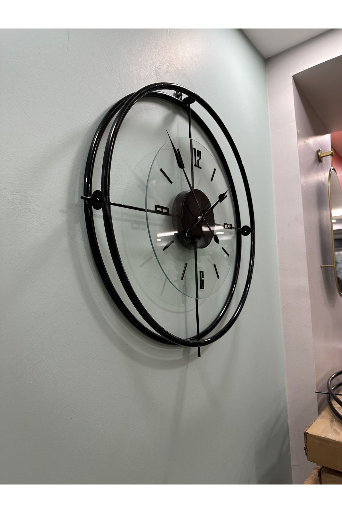 MetaQuartz Aksesuar Siyah Çiftçember Camlı Seri - 60 Cm -(QAURTZ MEKANİZMALI) Modern Dekoratif Camlı Metal Duvar Saati