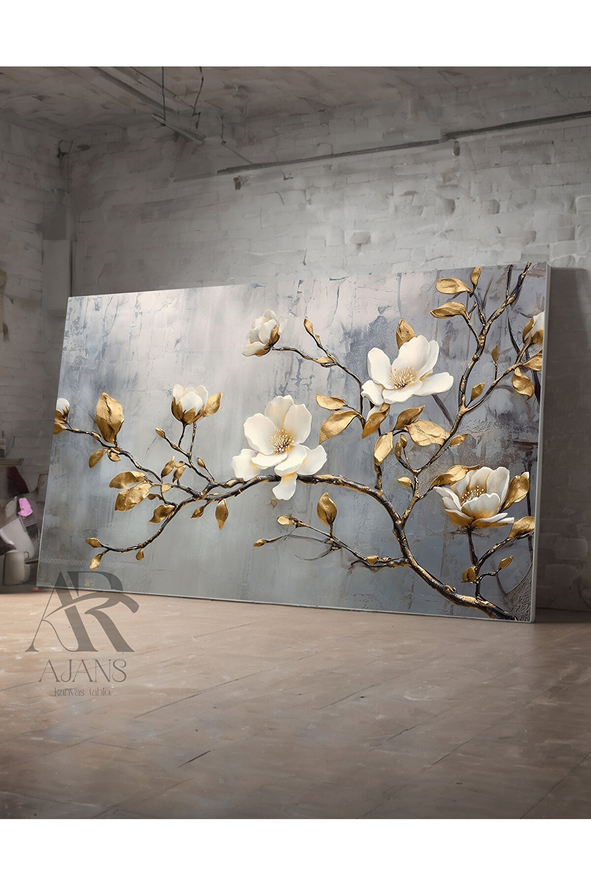 AR AJANS KANVAS TABLO Altın Dallar ve Beyaz Çiçekler Dekoratif Tablo | Doğal ve Elegant Dekorasyon