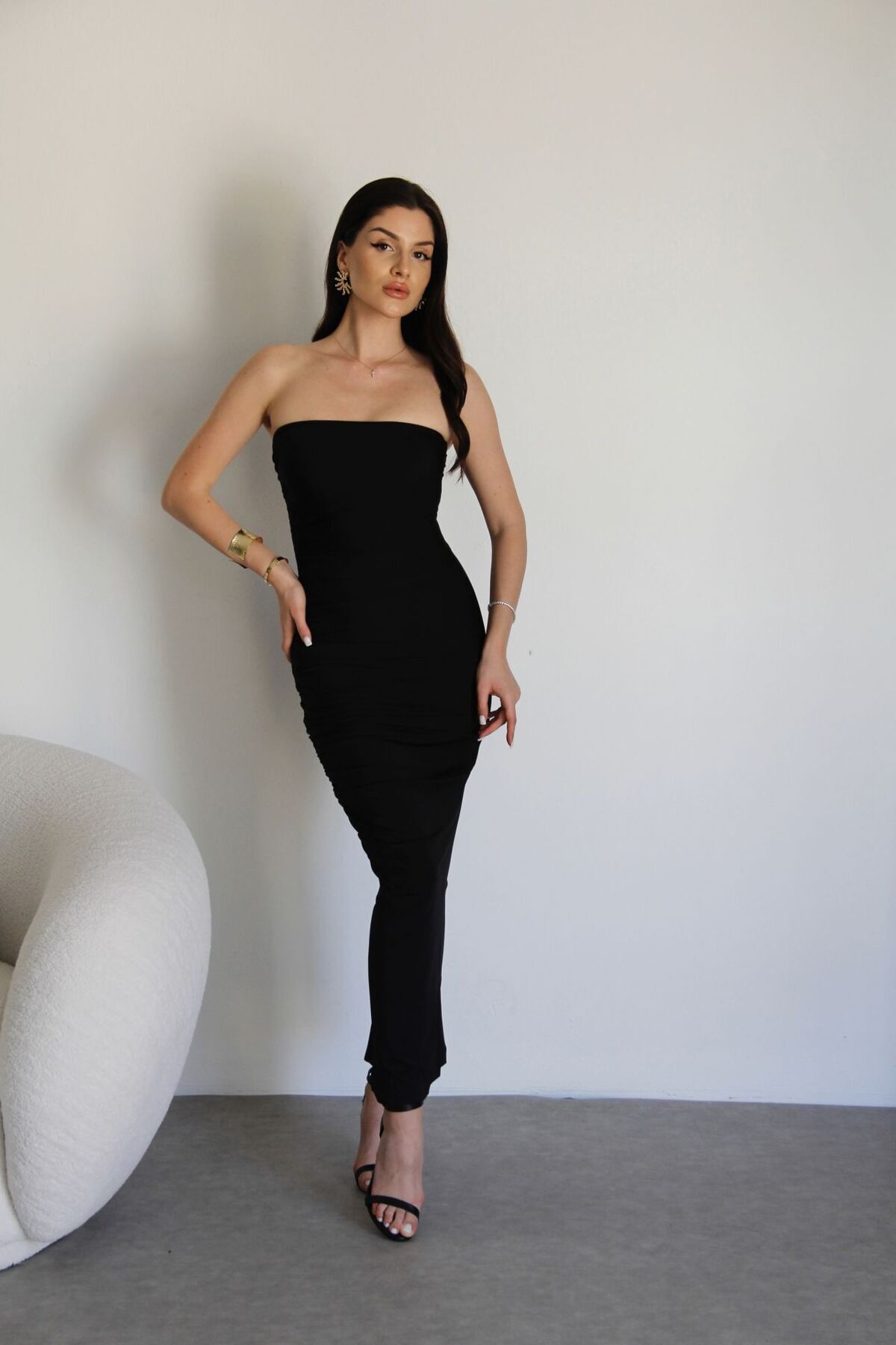 Julishop Julidress Siyah Straplez Yaka Midi Boy Nikah Nişan Davet Gece Elbisesi