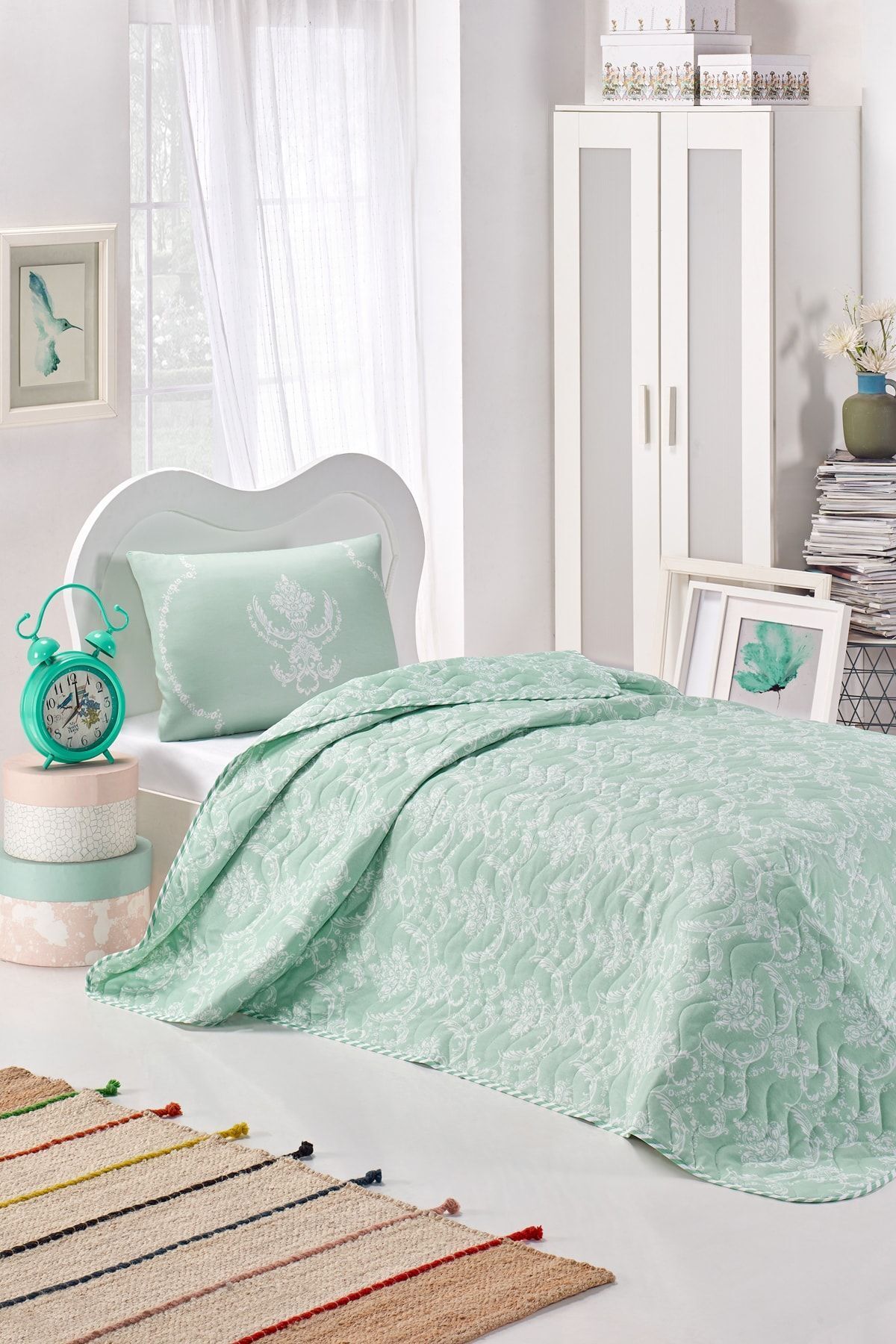 Enlora Home Tek Kişilik Kapitone Yatak Örtüsü Seti Pure Suyeşili
