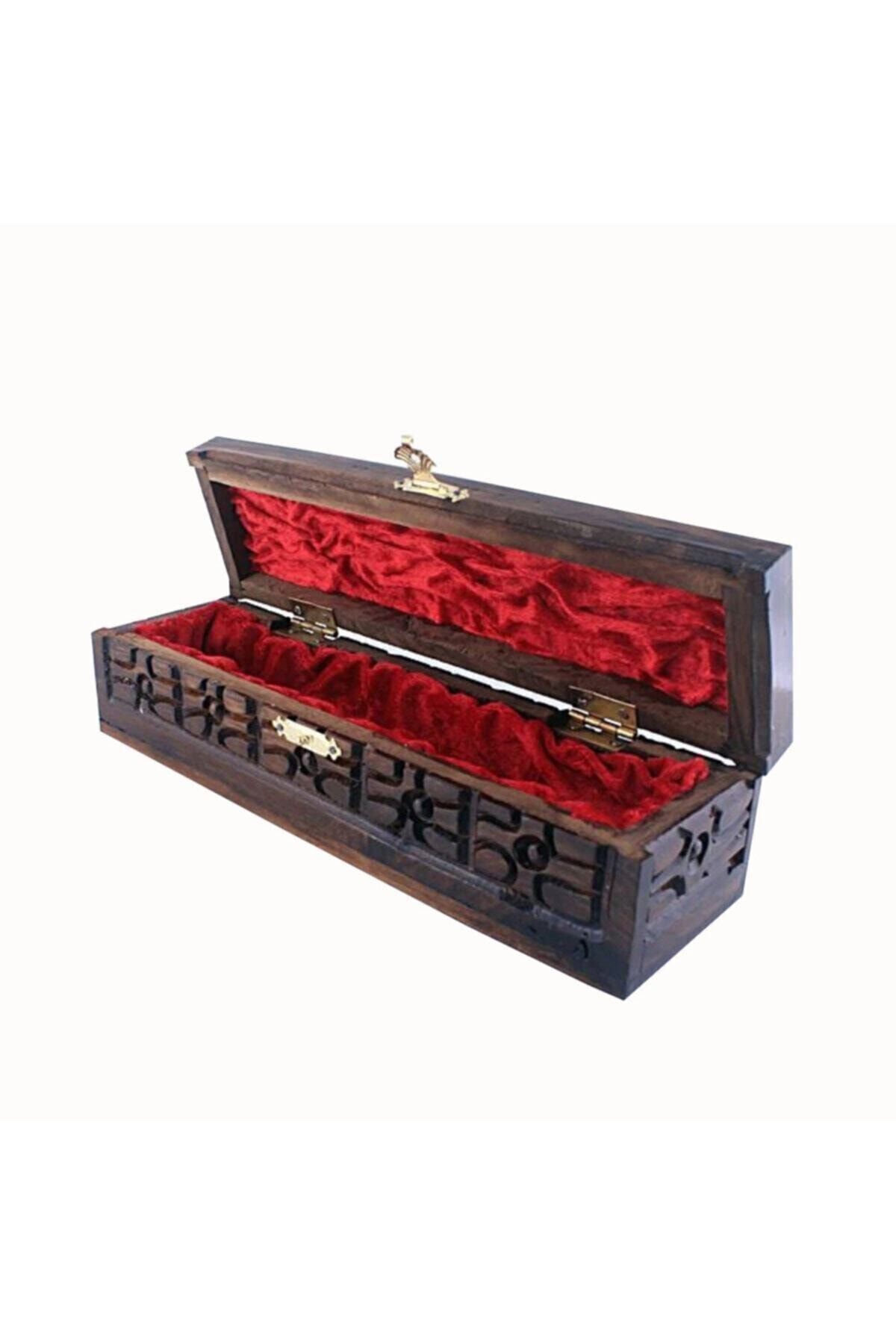 Okçu Tespih Kutusu Ahşap Kilitli El Oyması Vernikli Içi Kadife Döşeli