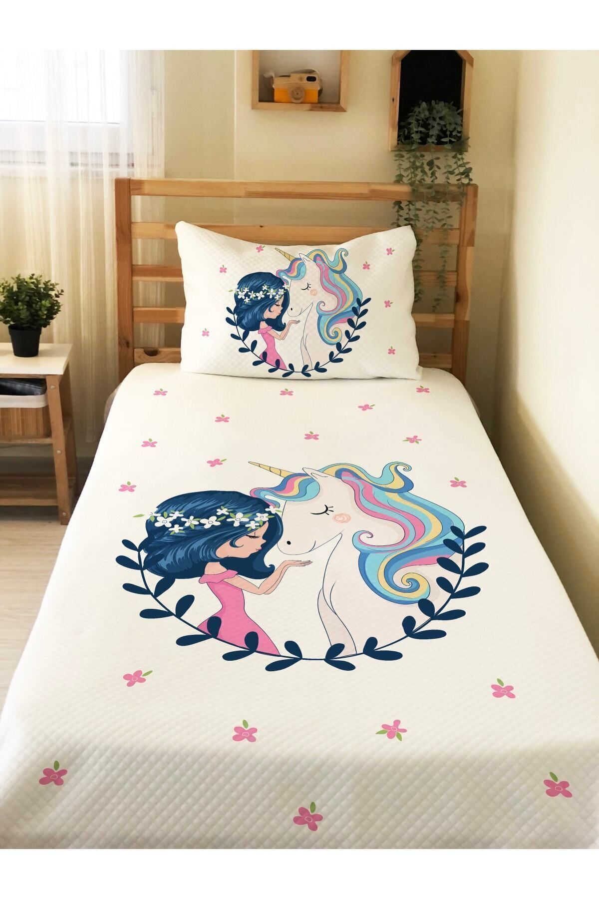 Evmila Prenses Ve Unicorn Desenli Bebek Ve Çocuk Baskılı Tek Kişilik Pike Takımı 160x230 Beyaz