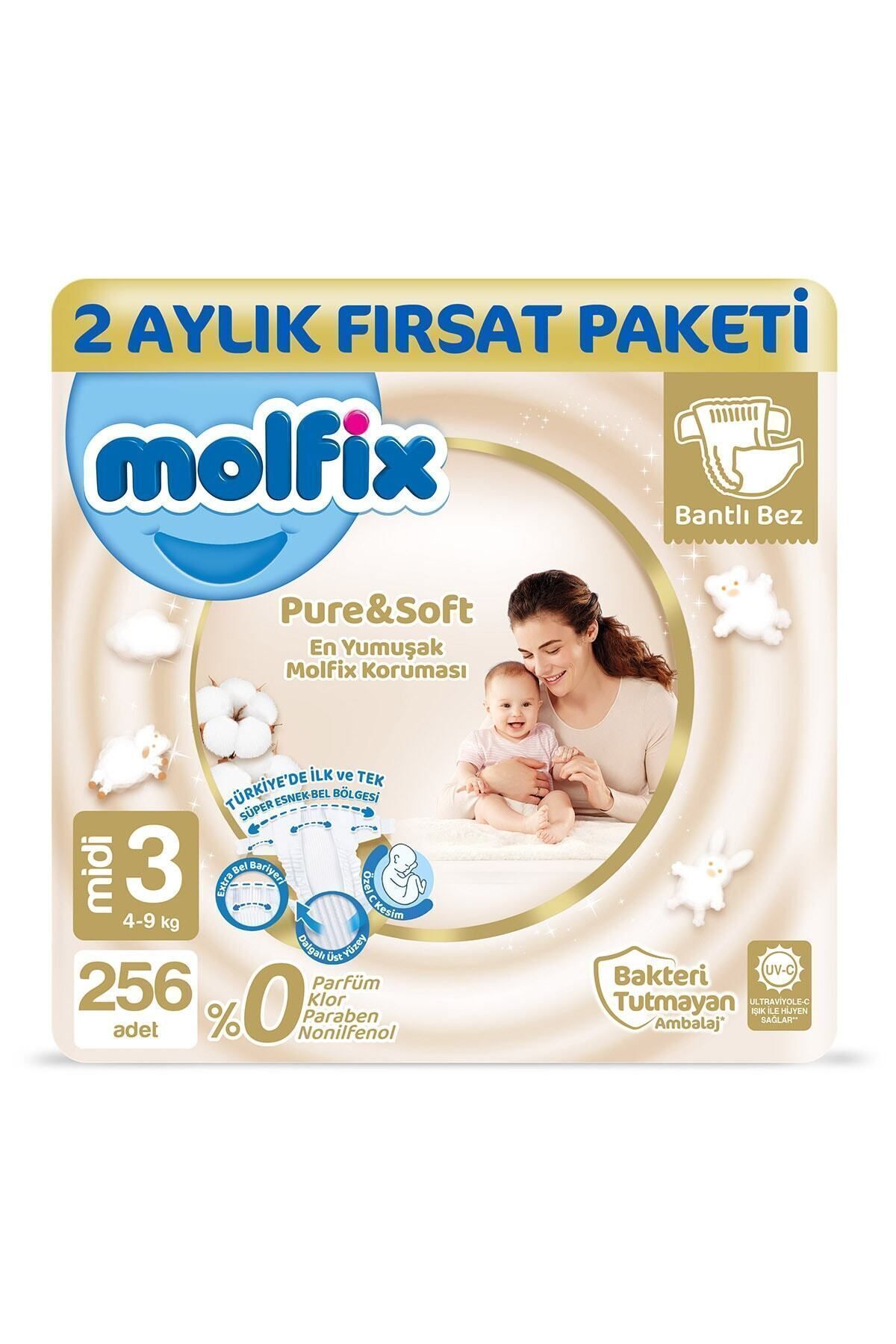 Molfix Pure&Soft 3 Beden Midi 2 Aylık Fırsat Paketi 256 Adet