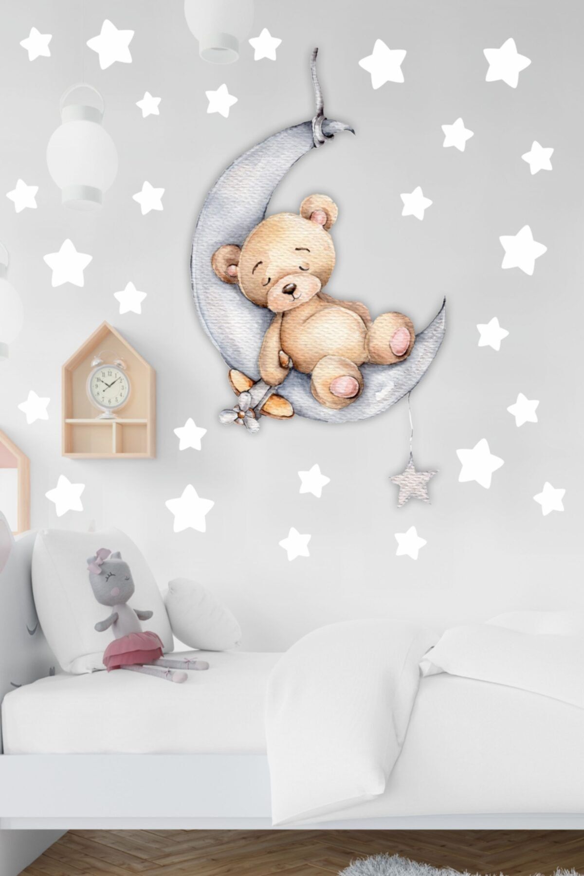 MSticker Ayda Uyuyan Sevimli Ayıcık Ve Beyaz Yıldızlar Çocuk Bebek Odası Sticker Seti