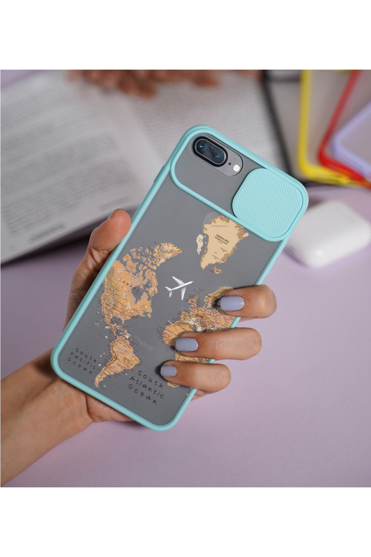 mooodcase Iphone 7 Plus Dünya Harita Desenli Kamera Korumalı Su Yeşili Telefon Kılıfı