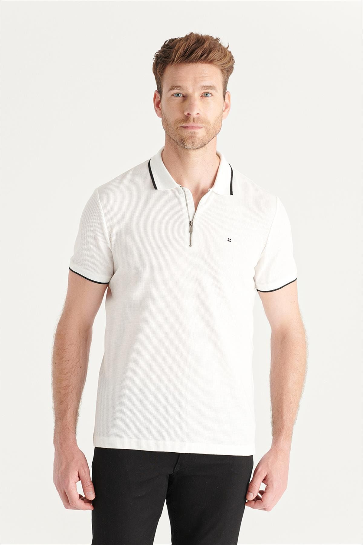 Avva Erkek Beyaz Polo Yaka Jakarlı T-shirt A11y1170