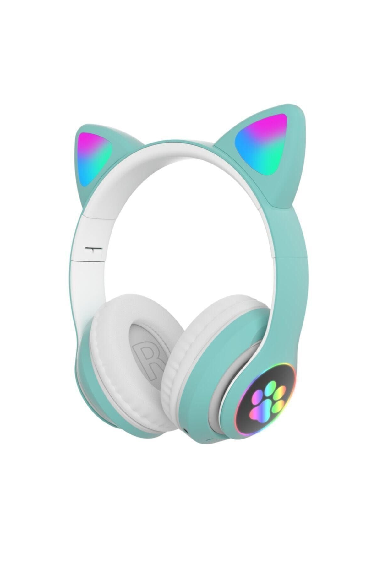Genel Markalar Kablosuz Bluetooth 5.0 Led Işıklı Kedili Şık Kulaklık Hediye Kız Kadın Wireless Yeşil