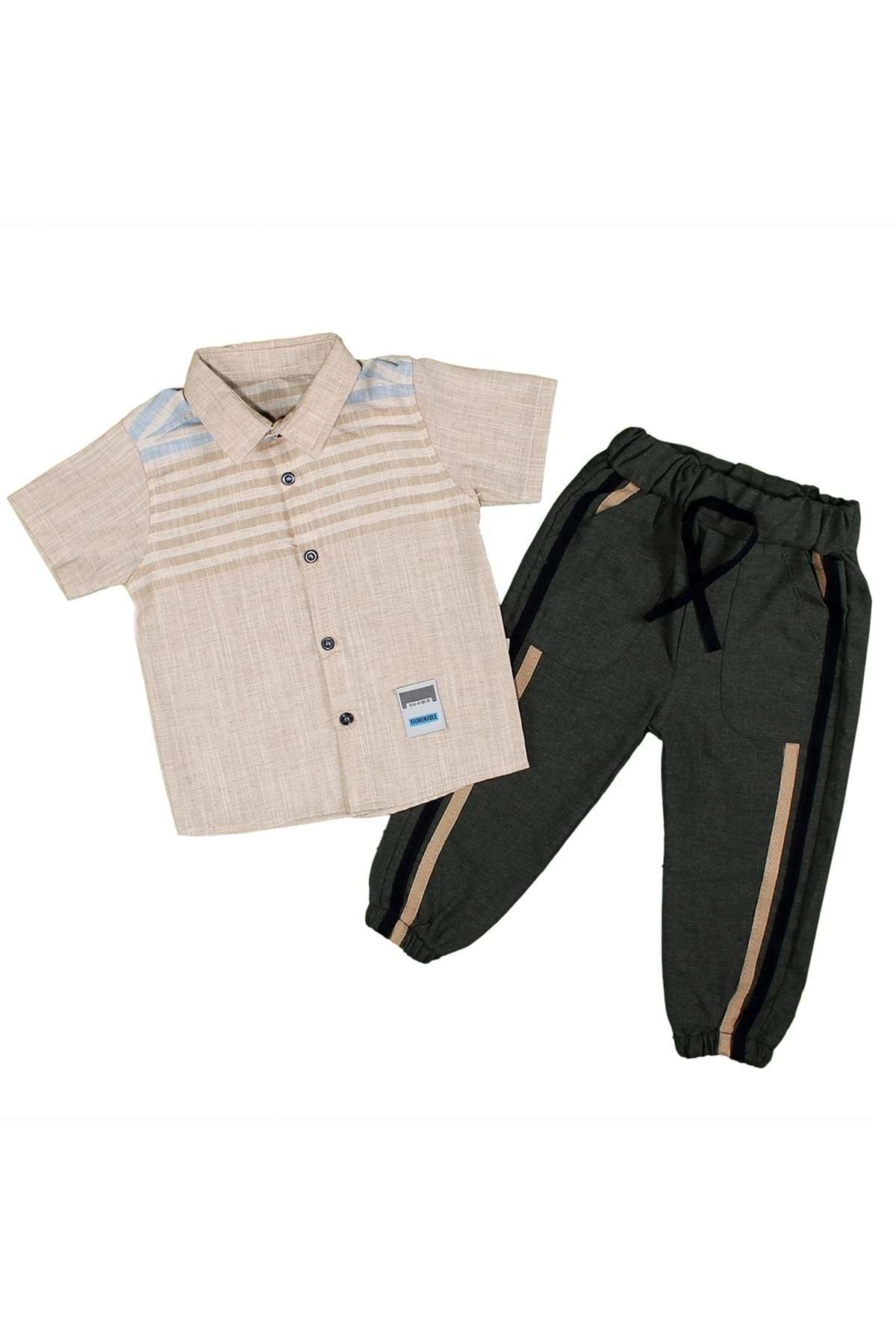 babyboy Erkek Çocuk Takım Kısakol Gömlek Şeritli Pantolon 1-4 Yaş