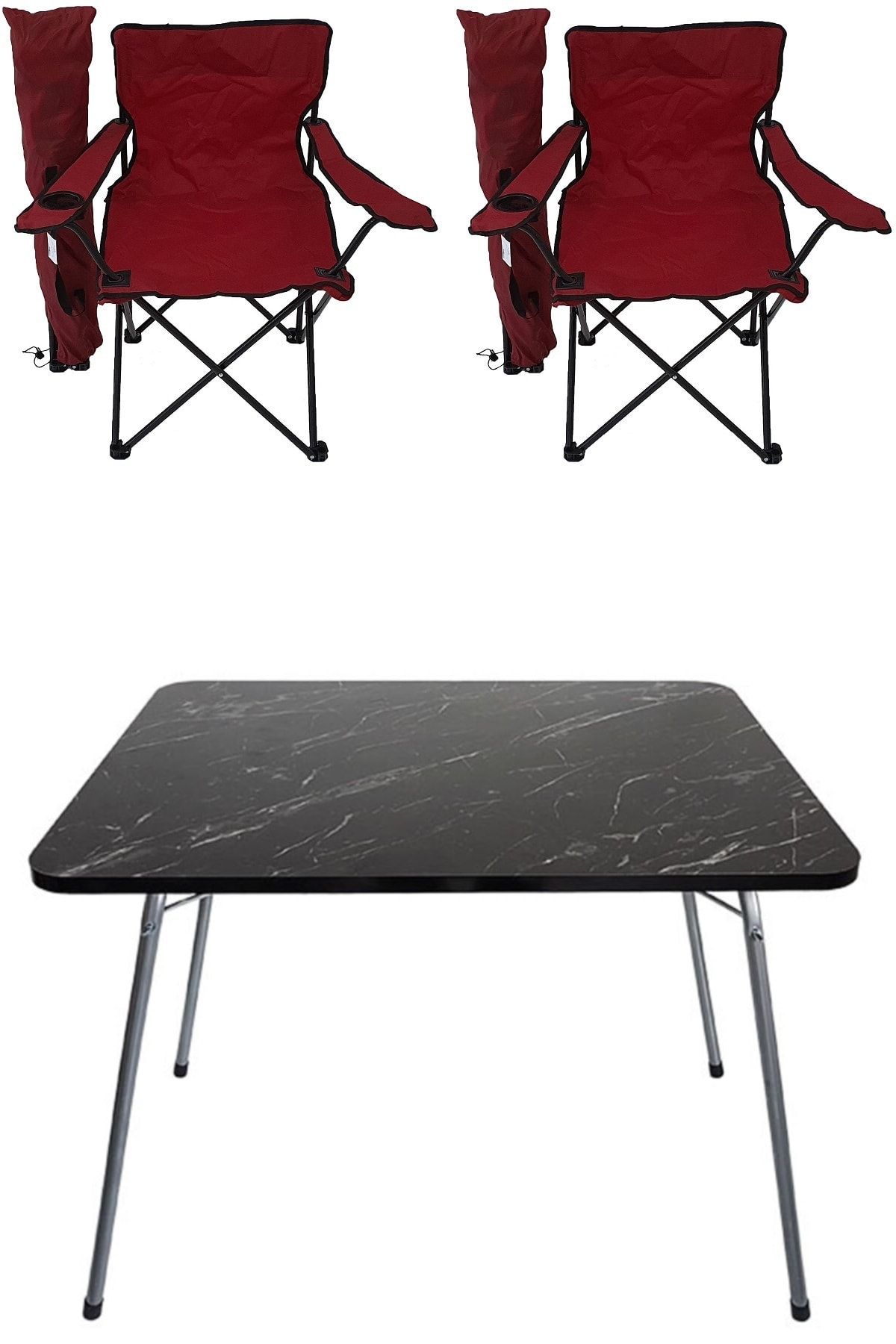Bofigo 60x80 Granit Katlanır Masa +2 Adet KırmızıKamp Sandalyesi Katlanır Sandalye Piknik Plaj Sandalyesi