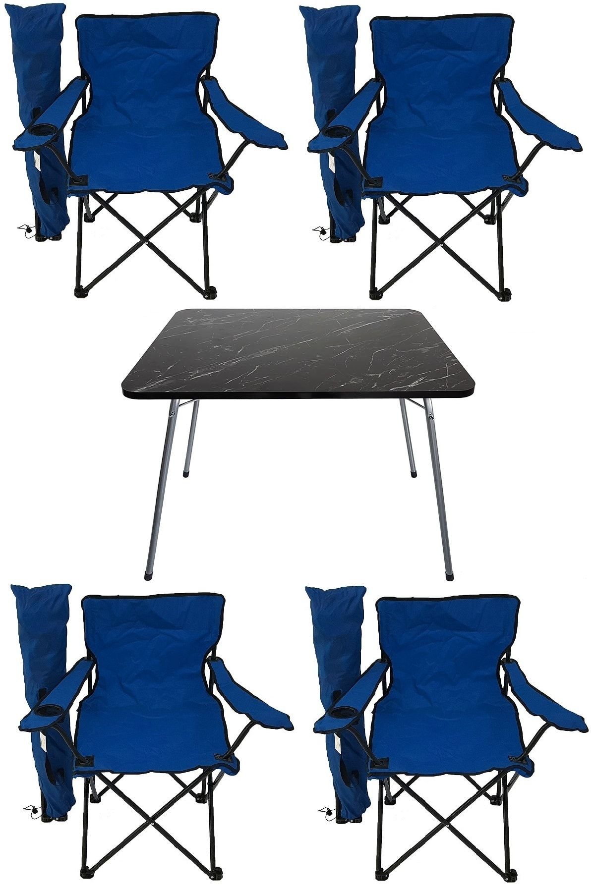 Bofigo 60x80 Granit Katlanır Masa + 4 Adet Kamp Sandalyesi Katlanır Sandalye Piknik Plaj Sandalyesi Mavi