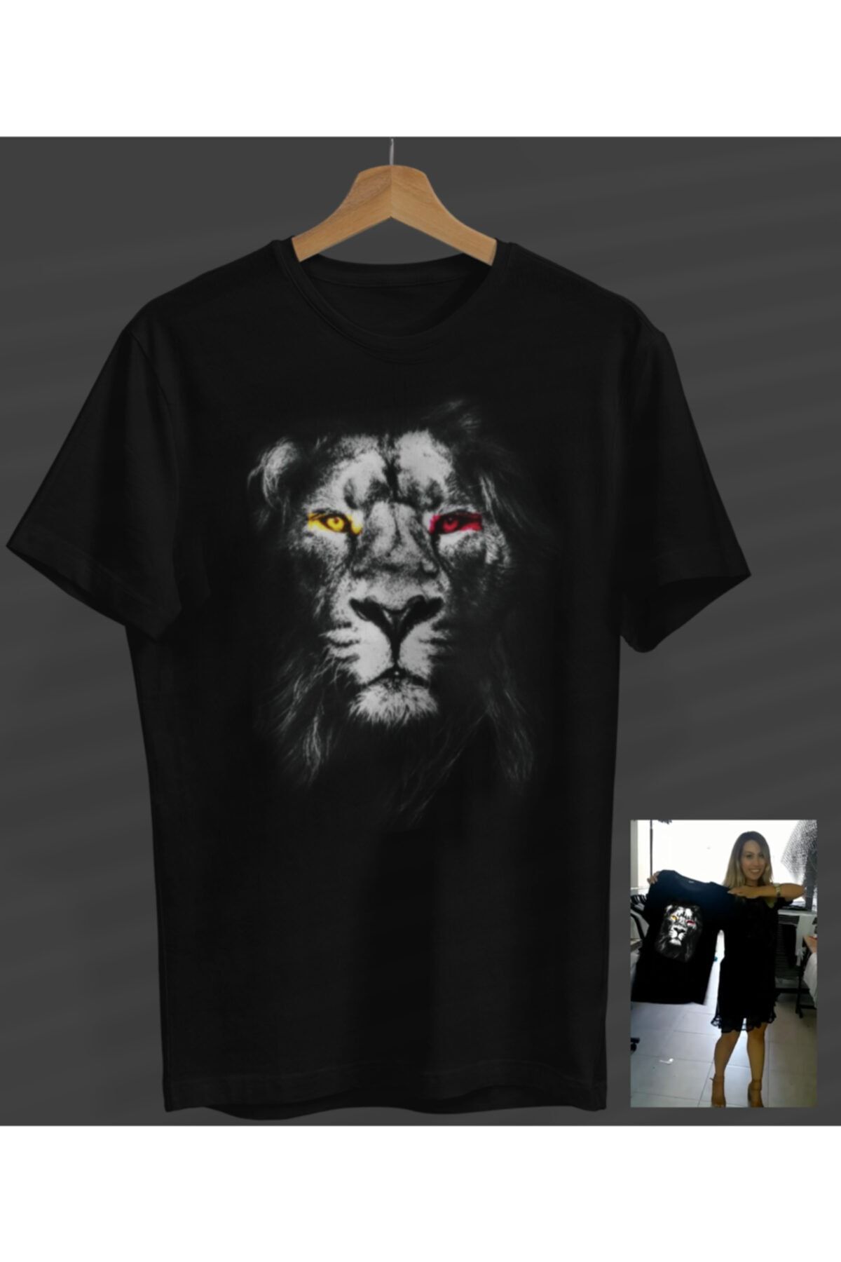 NOVUMUS Unisex Kadın-erkek Asil Aslan Tasarım Siyah Yuvarlak Yaka T-shirt