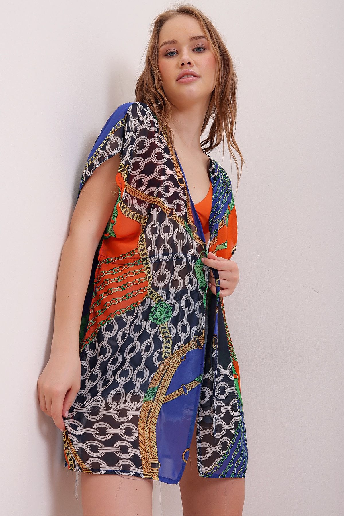 Trend Alaçatı Stili Kadın Mix Yanı Yırtmaçlı Desenli Kimono ALC-A2295