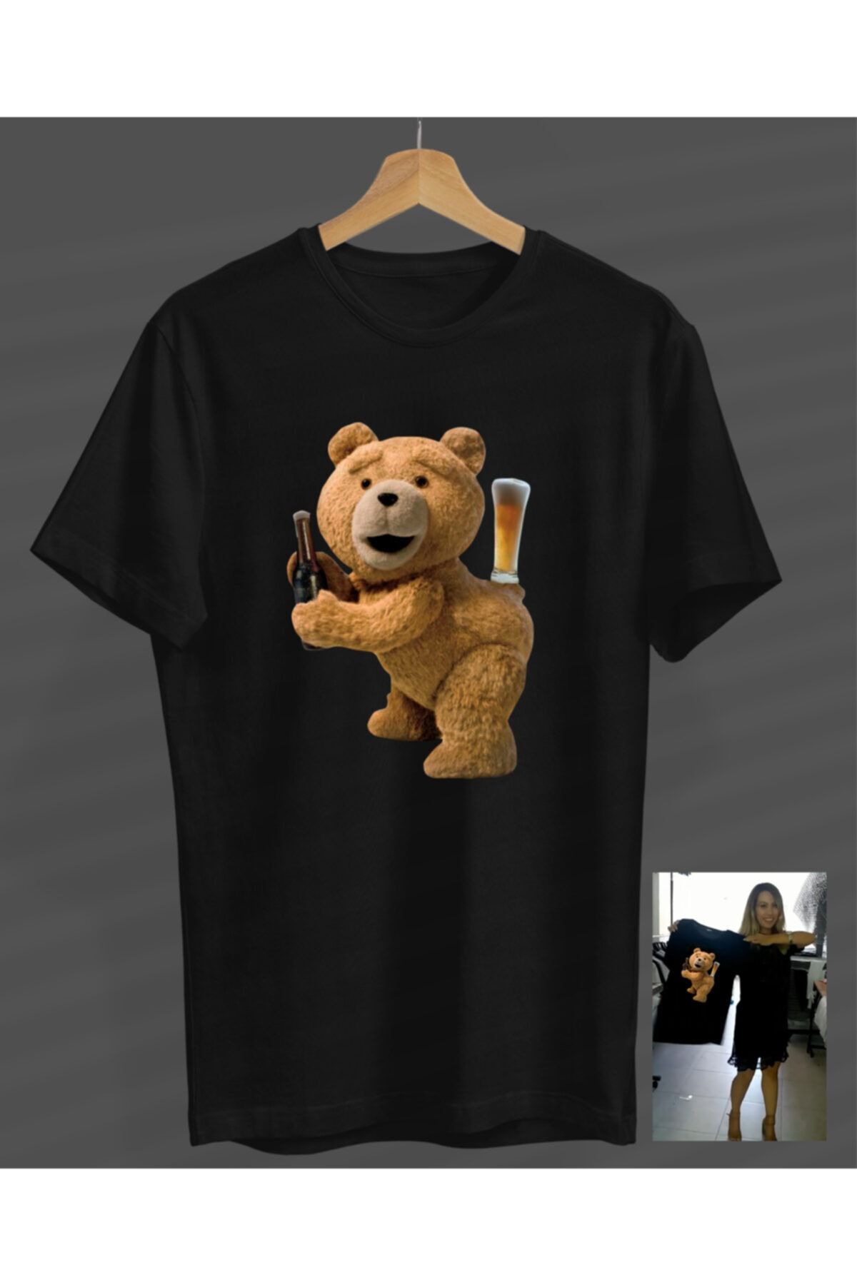 NOVUMUS Unisex Erkek-kadın Teddy Ayıcık Siyah Yuvarlak Yaka T-shirt