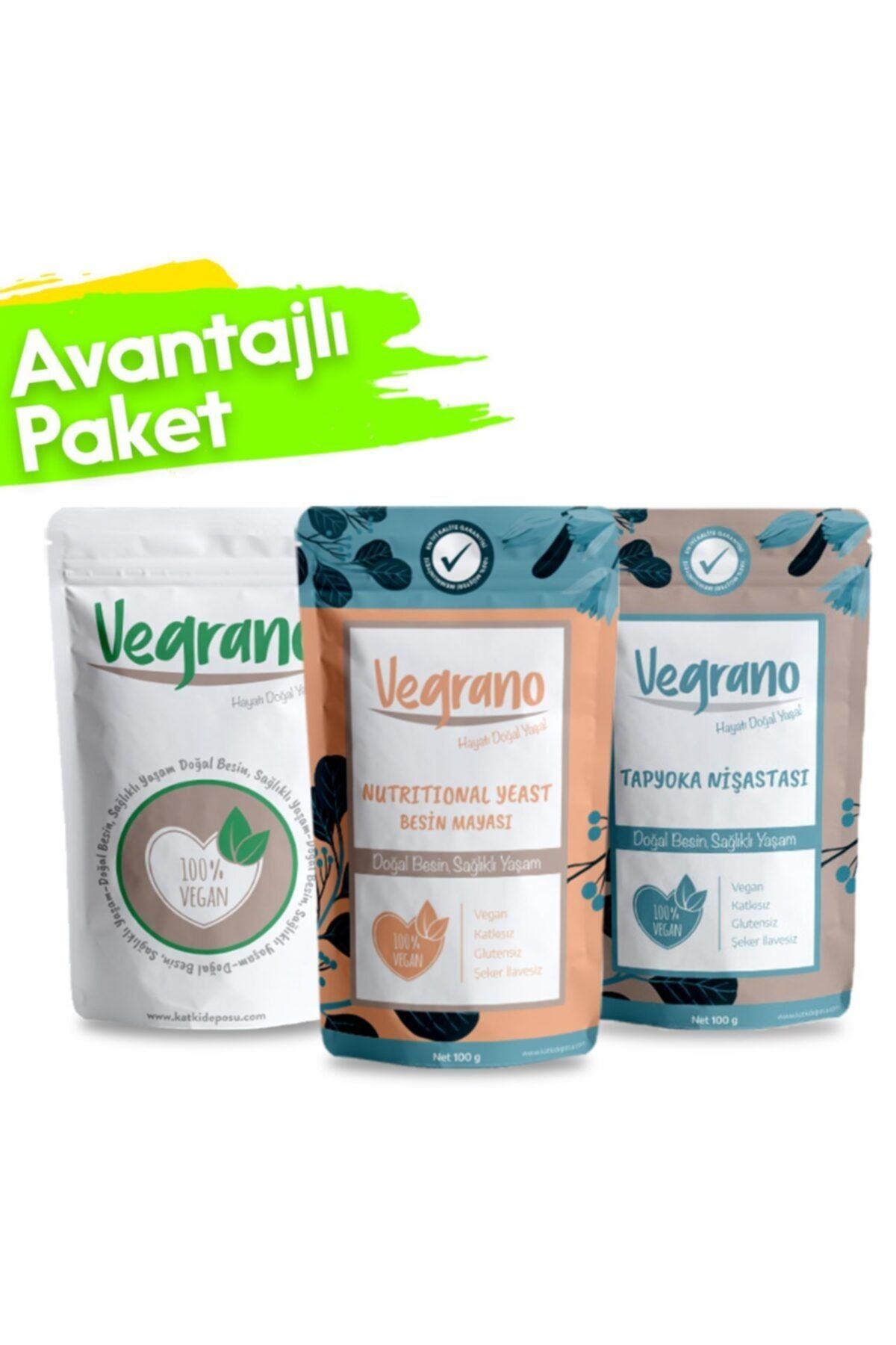 Vegrano Nutritional Yeast 100 G + Tapyoka Nişastası 100 G + Organik Keçiboynuzu Unu 100 G