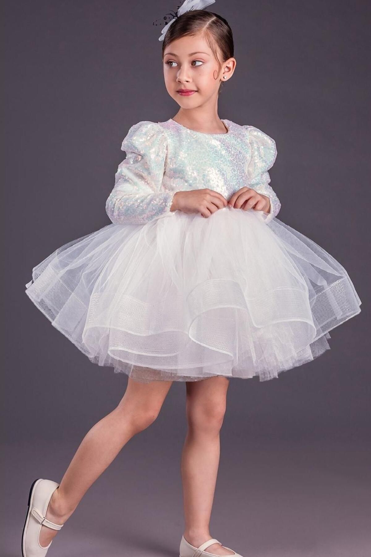 Le Mabelle Beyaz  Pul Detaylı Tül Etekli Kız Çocuk Elbise - Emily