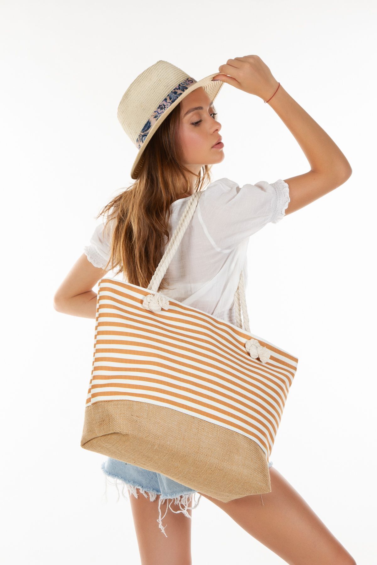 LOOP DESIGN kadın hasır renkli çizgili plaj çantası