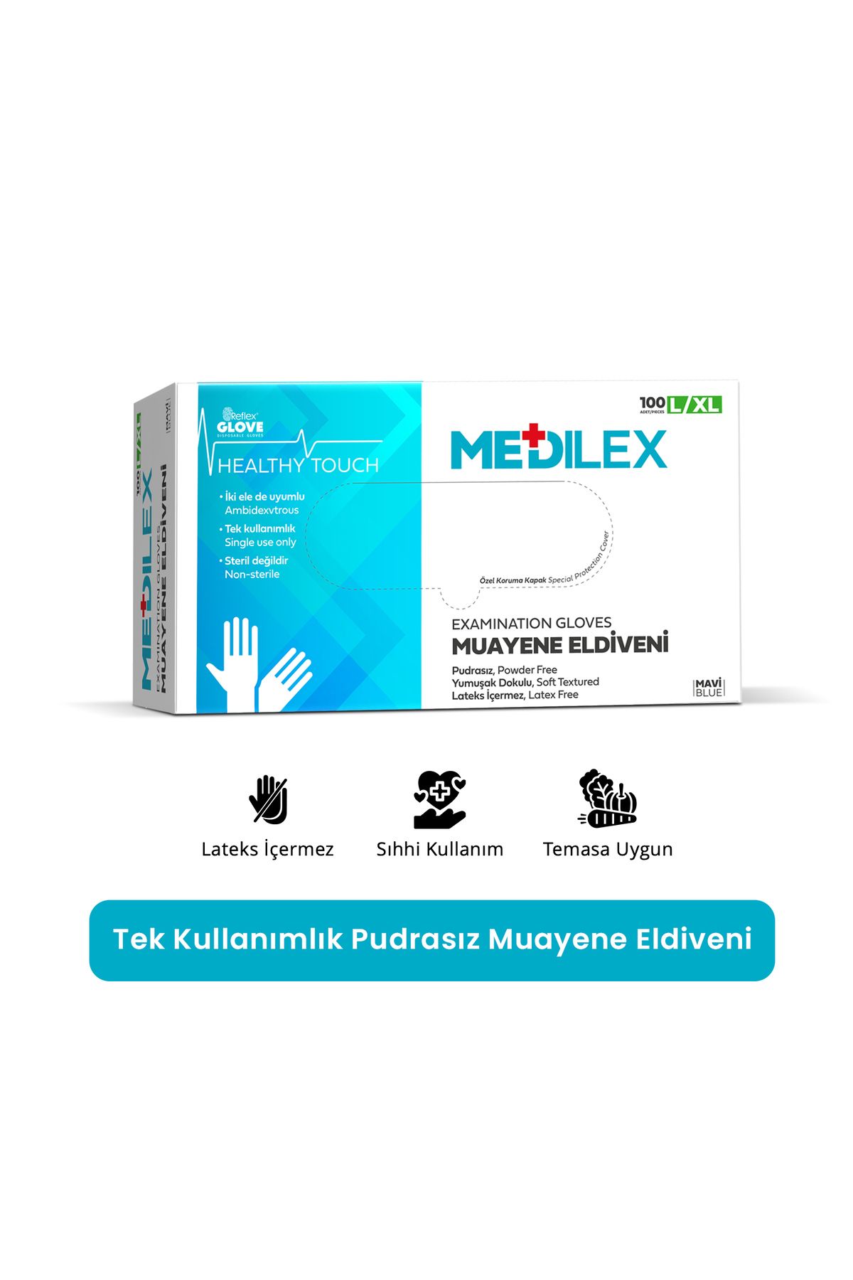 Reflex Tek Kullanımlık Pudrasız Mavi L - Xl Beden Muayene Eldiveni 100'lü