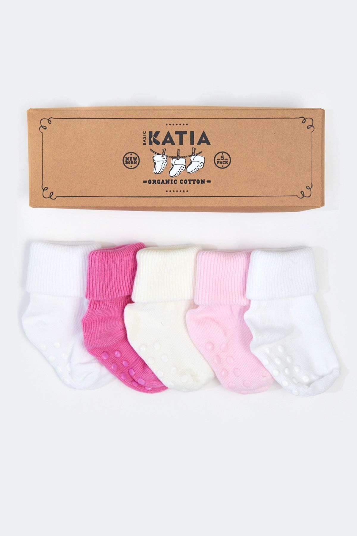 Katia & Bony 5'li Paket Yenidoğan Organik Bebek Çorap Pembe/beyaz