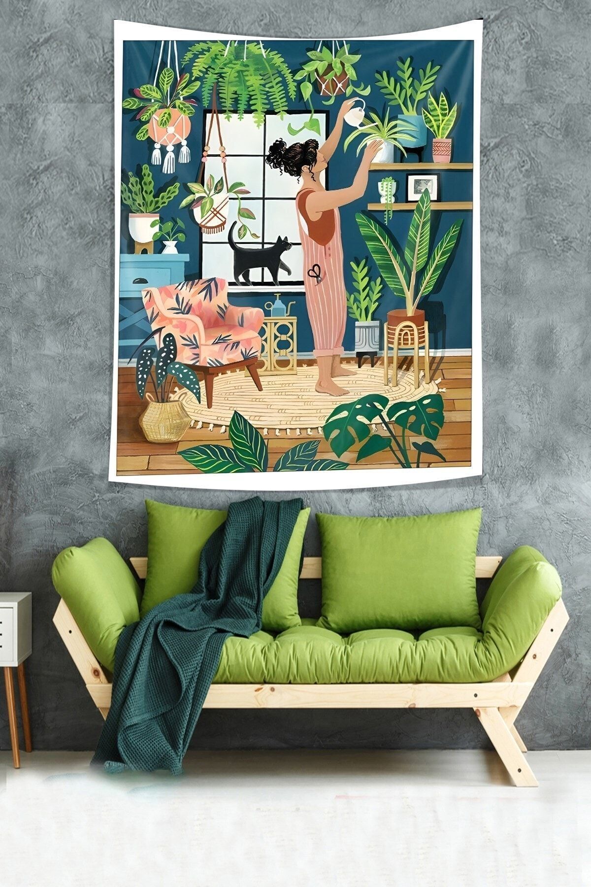 on the clouds Bohem İskandinav Dekor Çiçekleri Sulayan Kız Leke Tutmaz Kumaş Duvar Örtüsü Duvar Halısı Tapestry