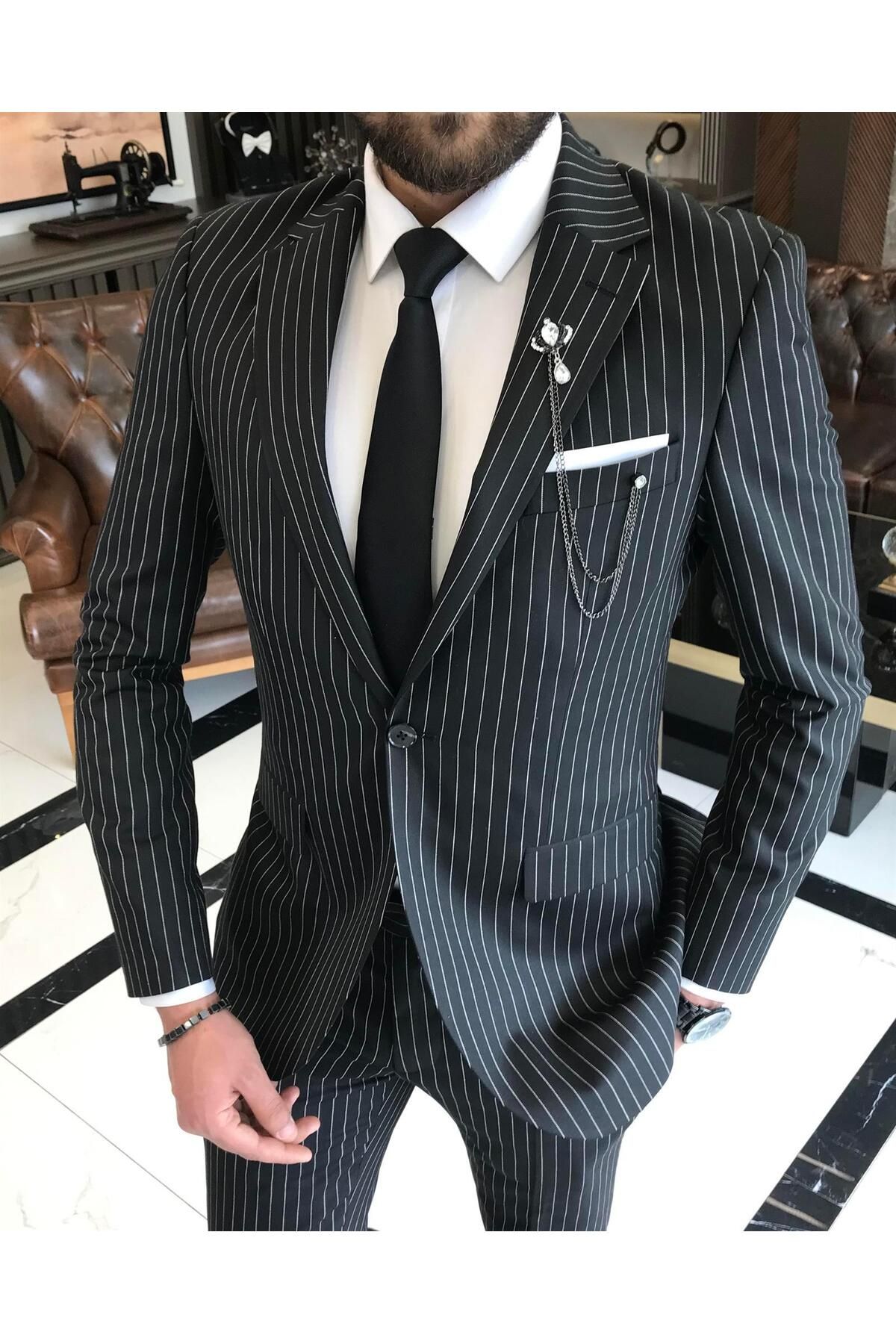 TerziAdemAltun İtalyan Stil Slim Fit Çizgili Erkek Ceket Pantolon Takım Elbise Siyah T4900