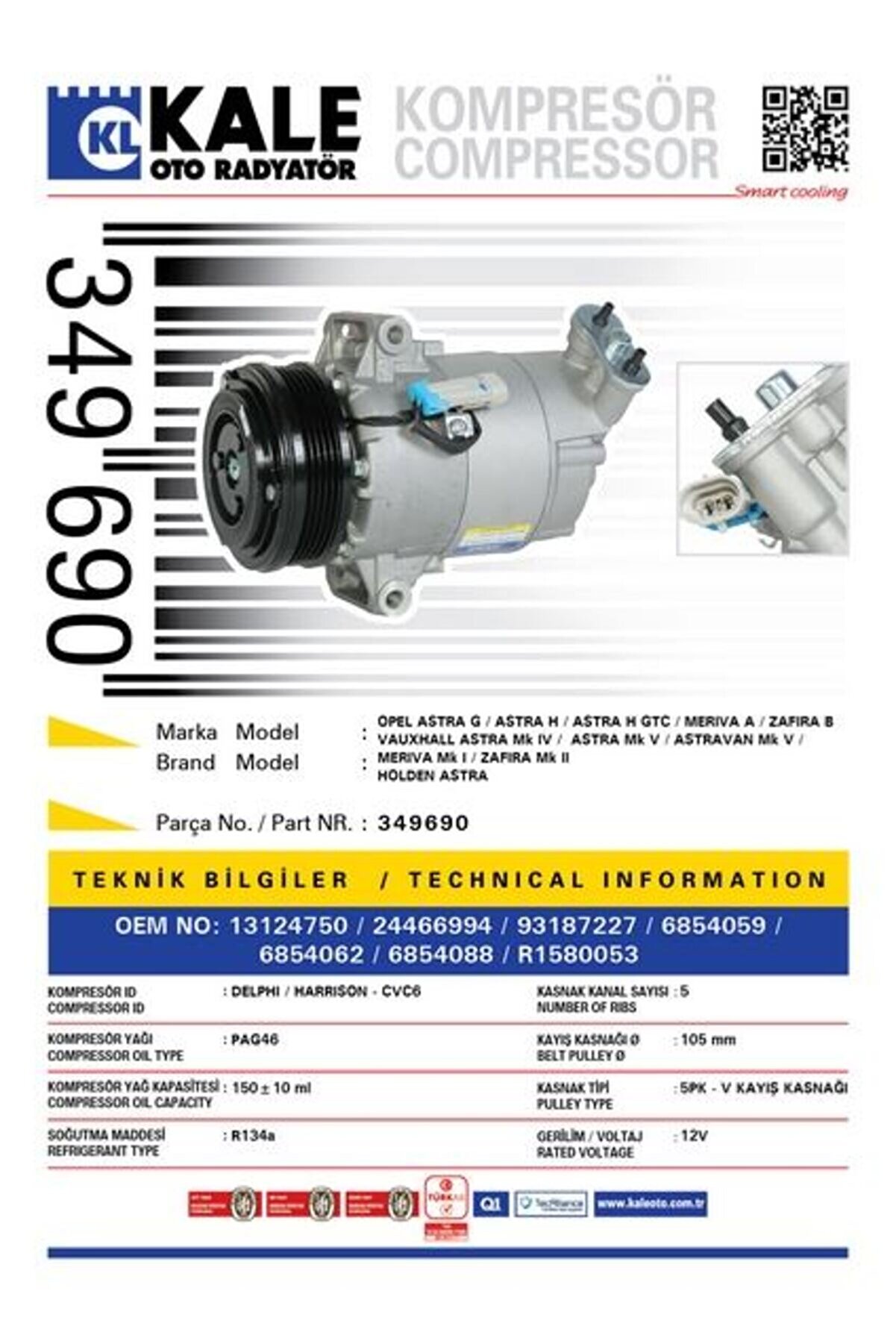 KLİMA KOMPRESÖRÜ ASTRA G 1.6--1.6 00-09 ASTRA H 1.6-1.6 T-1.8 04 MERIVA 1.6-1.6T 05-10 105mm