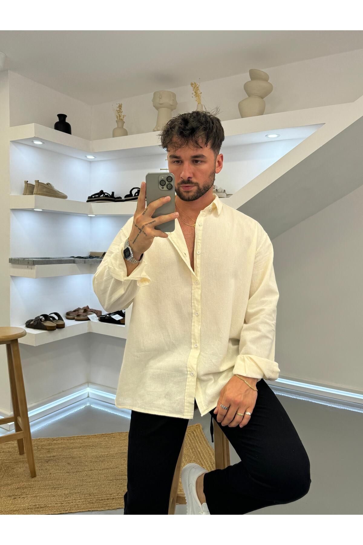 UTTBASİC Bej Oversize Krinkıl Keten Gömlek