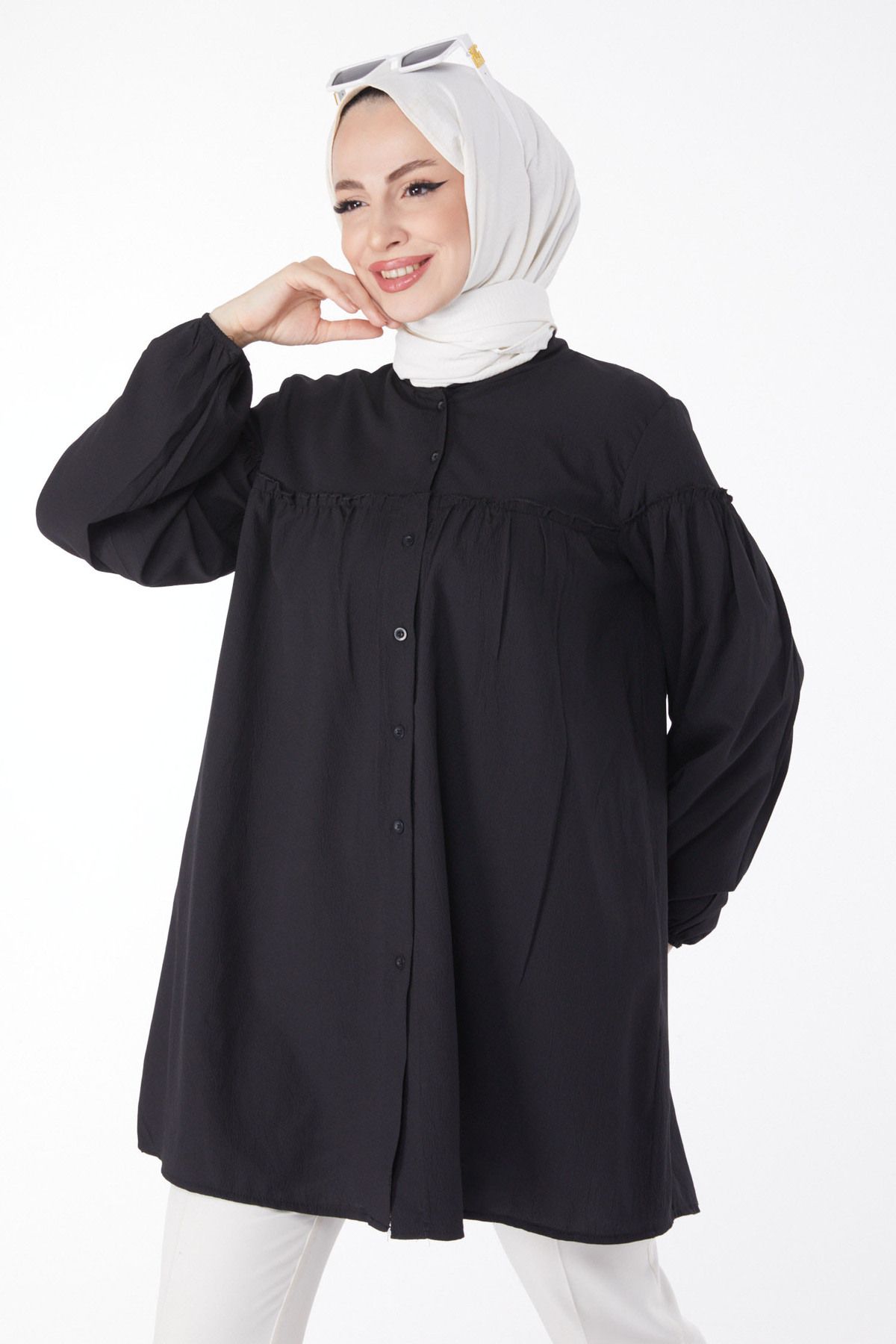 TOFİSA Düz Hakim Yaka Kadın Siyah Büzgülü Gömlek - 13136