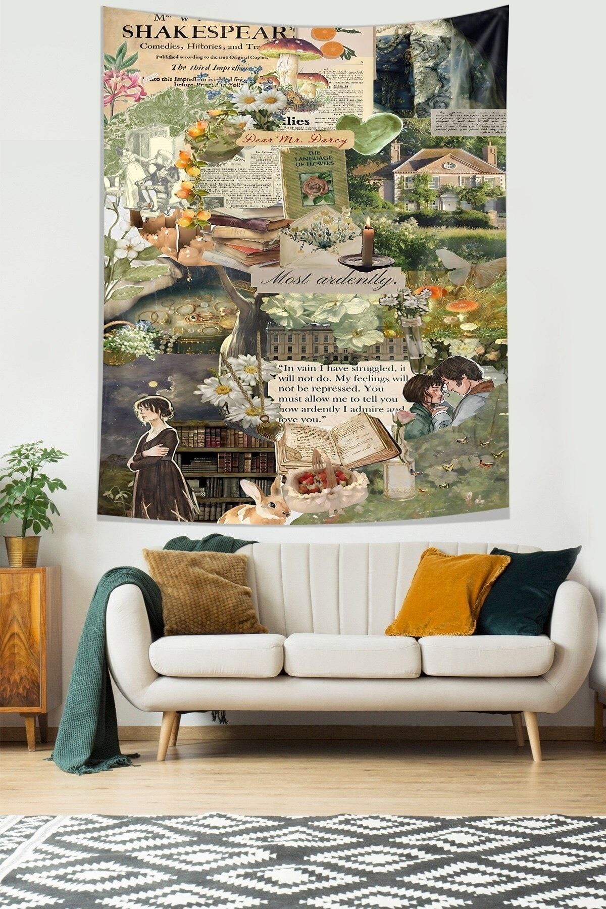 on the clouds Çiçekler ve Yaşam Vintage Desen Leke Tutmaz Kumaş Duvar Örtüsü Duvar Halısı Tapestry