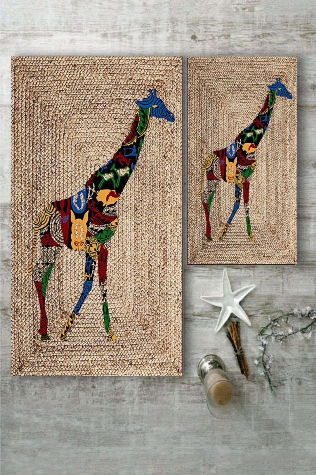 CAPPİO HALI Renkli Zürafa Desenli Jüt 2'li Halı Takımı (60x100/40x60) - Cp1228
