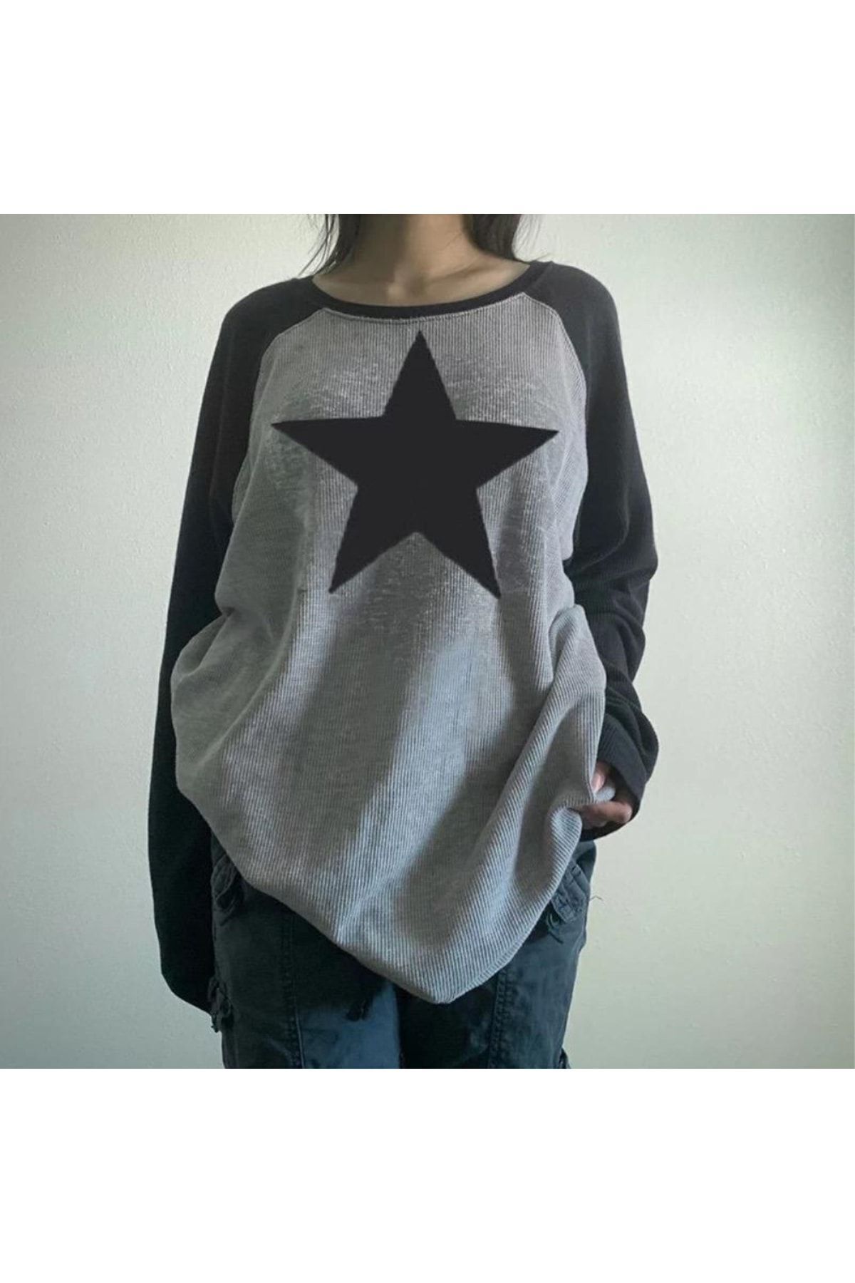 Köstebek Old School Yıldız Baskılı Gri Raglan Oversize (unisex) Uzun Kollu