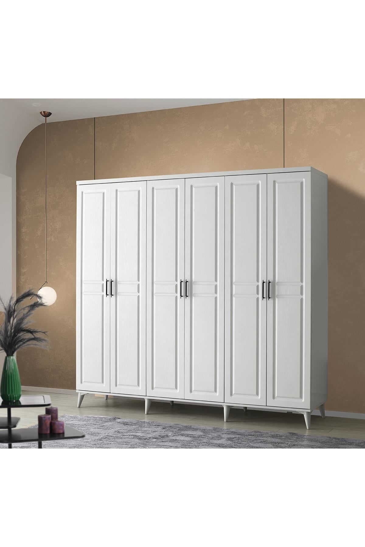 GuneyStore Ücretsiz Montaj Sport 6 Kapaklı Komple Mdf Beyaz Gardırop Elbise Dolabı